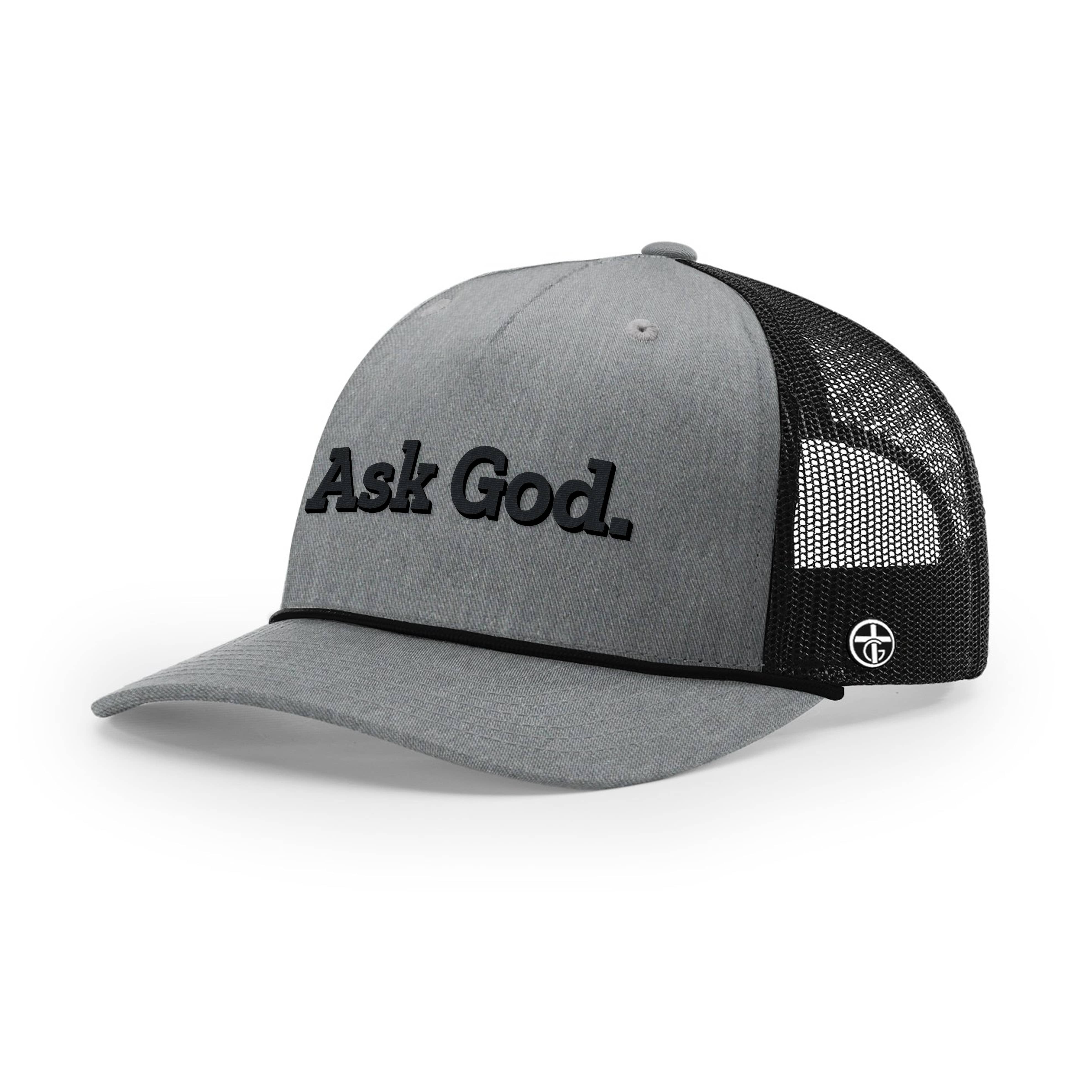 OurTrueGod Customs Hat Five Panel Trucker with Rope / Heather Grey and Black / One Size Ask God. Rope Trucker Hats