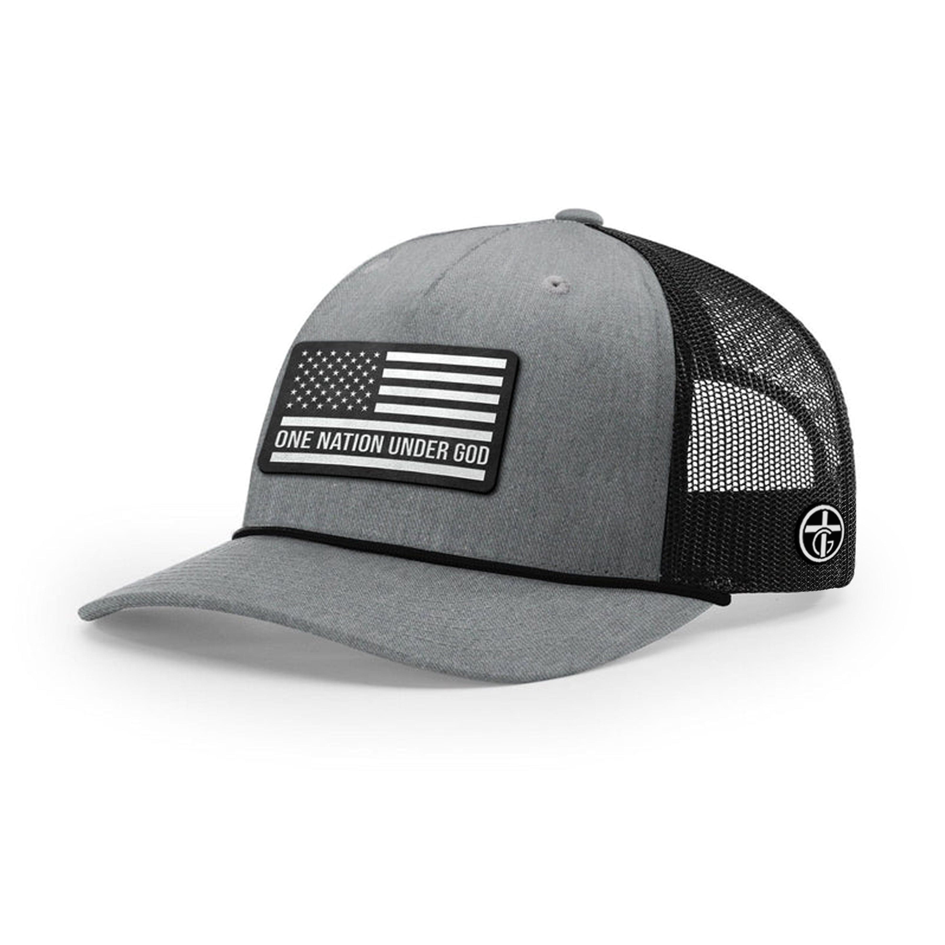 OurTrueGod Customs Hat Five Panel Trucker with Rope / Heather Grey and Black / One Size One Nation Under God DBD Patch Rope Trucker Hats