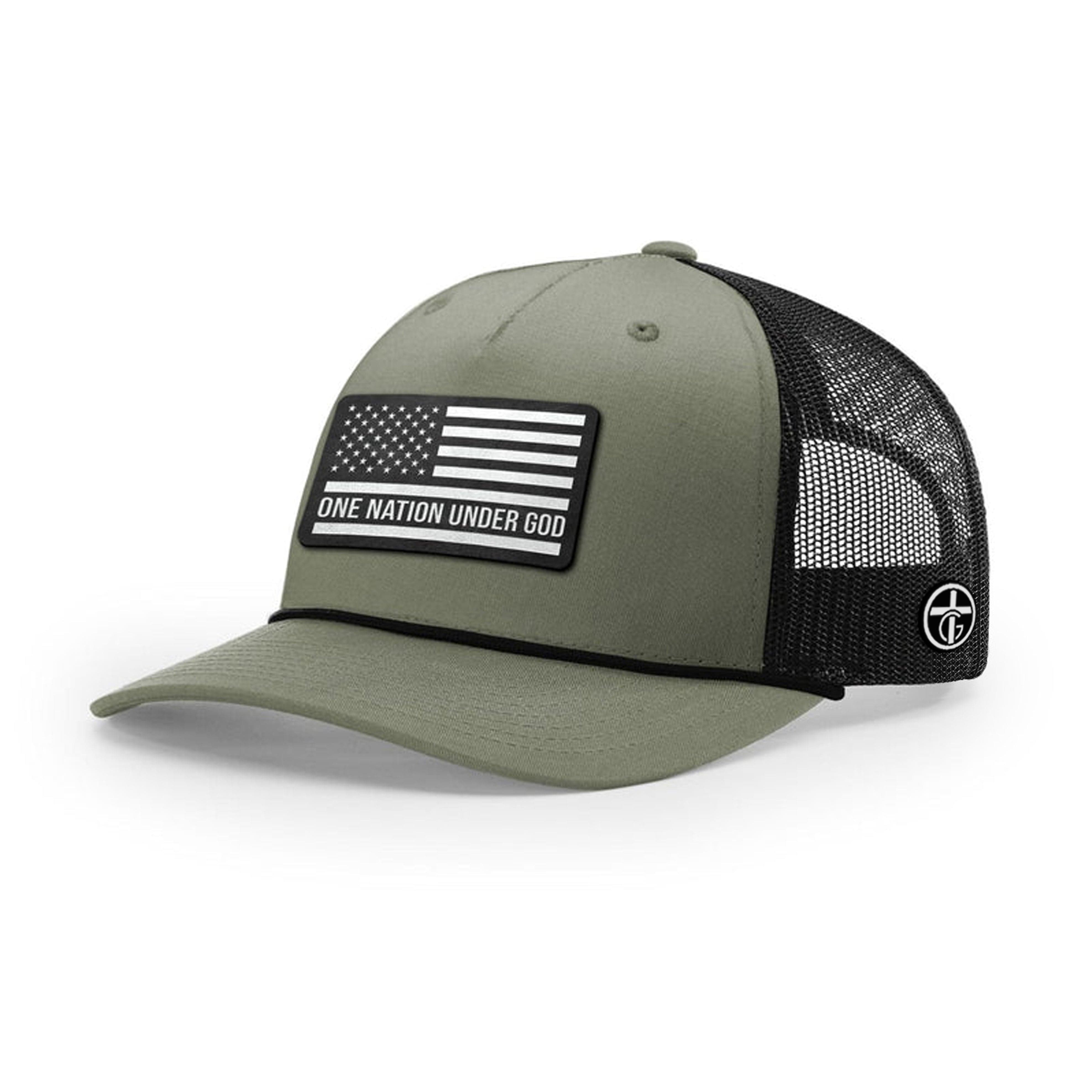 OurTrueGod Customs Hat Five Panel Trucker with Rope / Loden and Black / One Size One Nation Under God DBD Patch Rope Trucker Hats