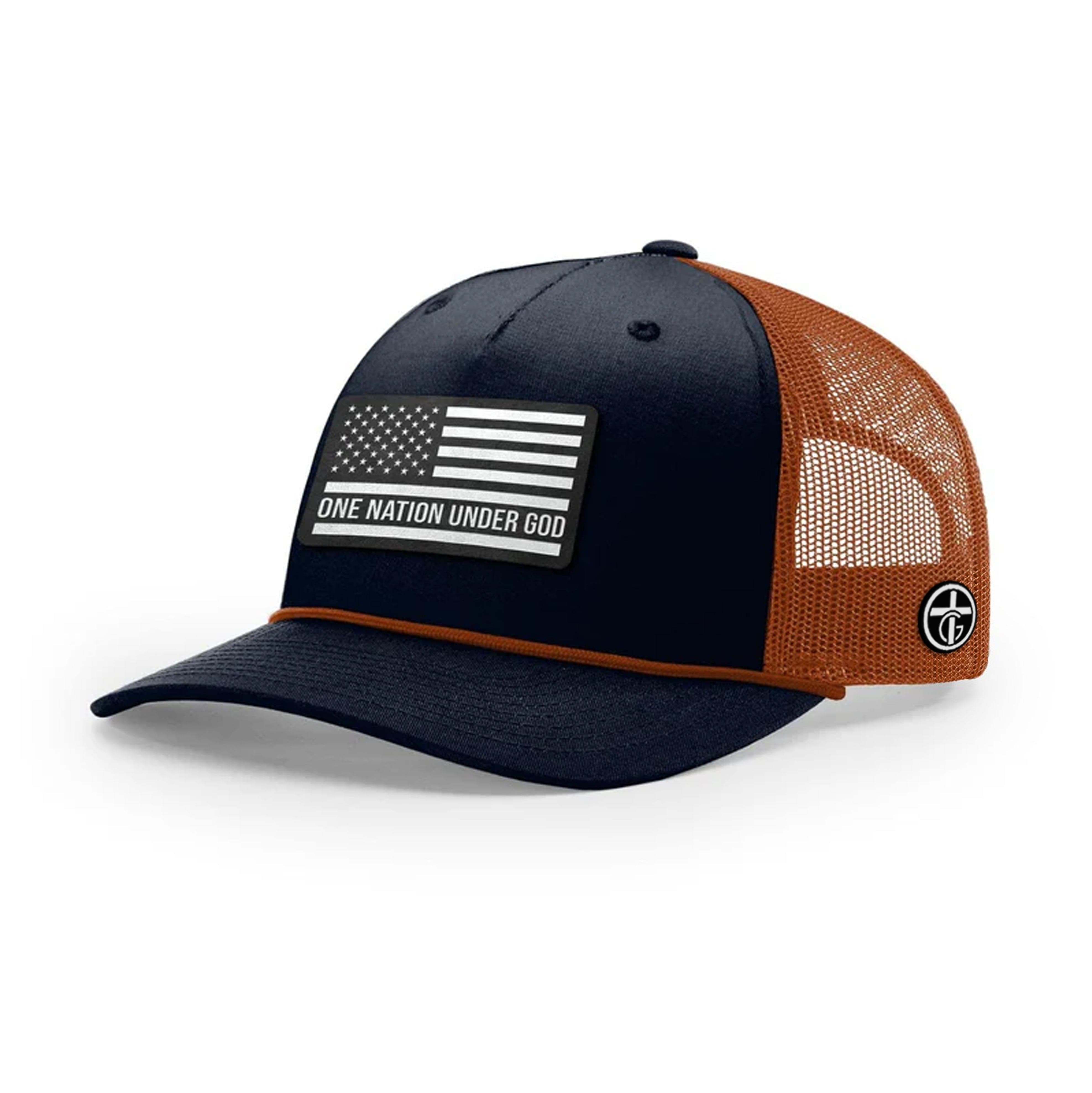 OurTrueGod Customs Hat Five Panel Trucker with Rope / Navy and Dark Orange / One Size One Nation Under God DBD Patch Rope Trucker Hats