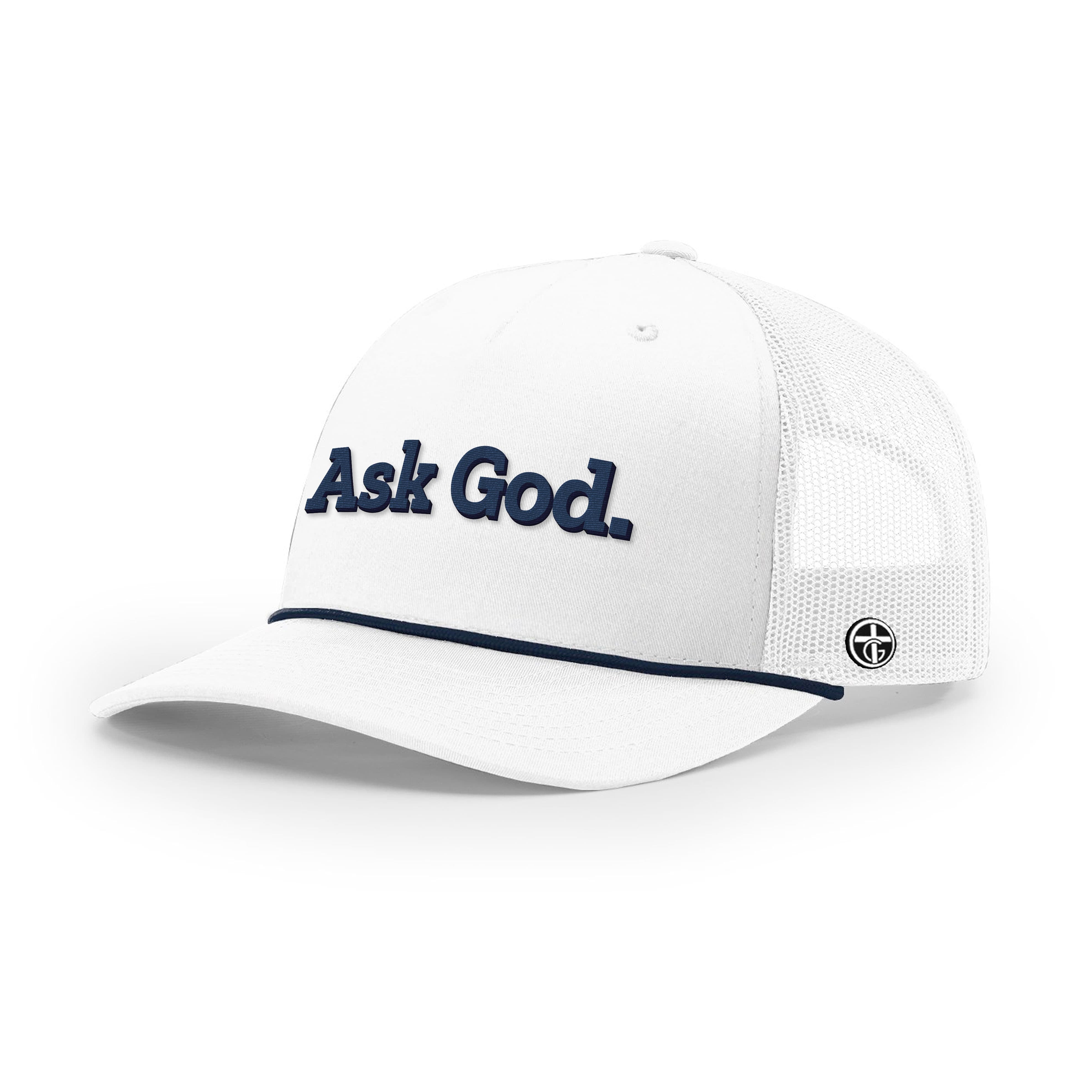 OurTrueGod Customs Hat Five Panel Trucker with Rope / White and Navy / One Size Ask God. Rope Trucker Hats