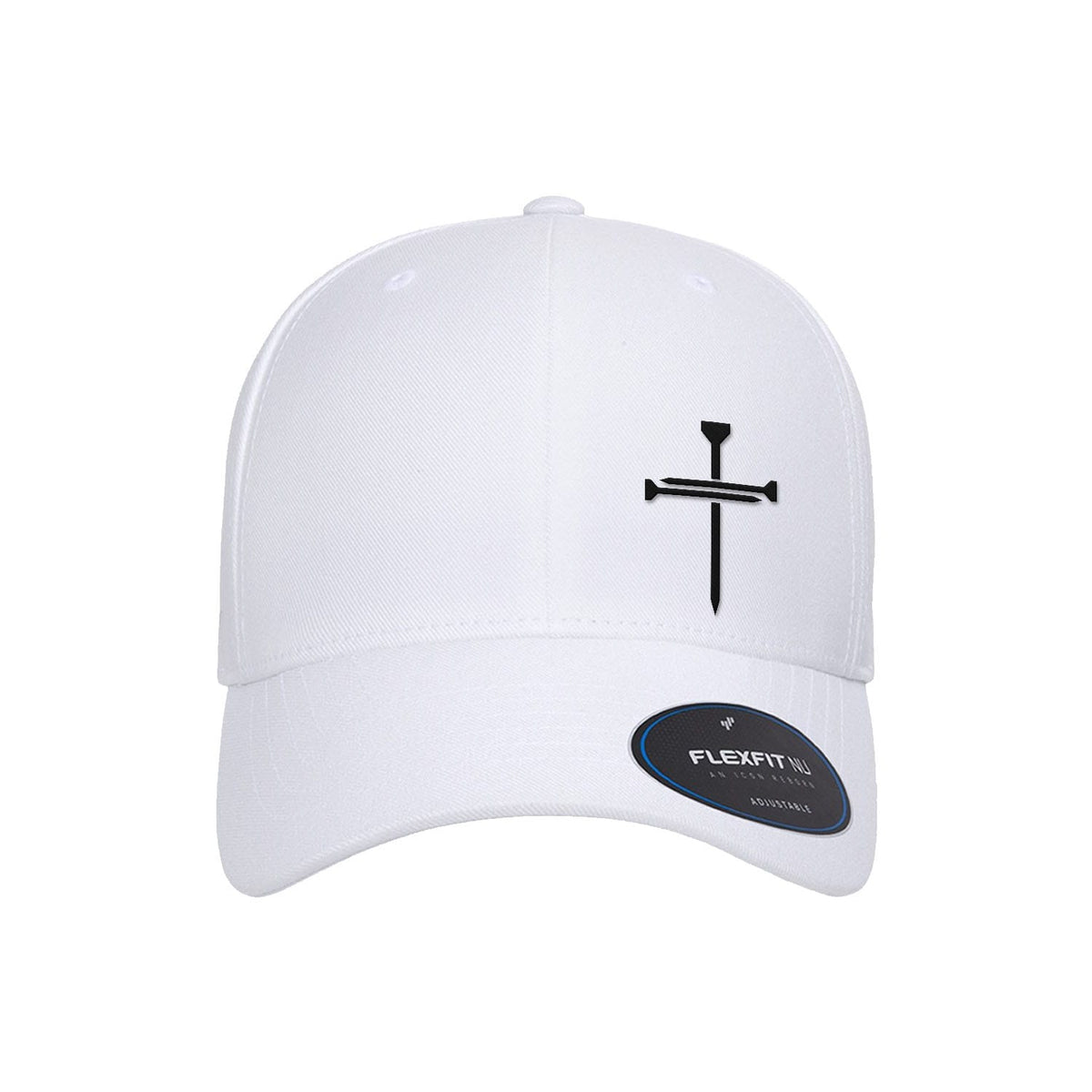 OurTrueGod Customs Hat Flexfit Adjustable Cap / White / One Size Nail Cross Lower Left Premium Flexfit Hats