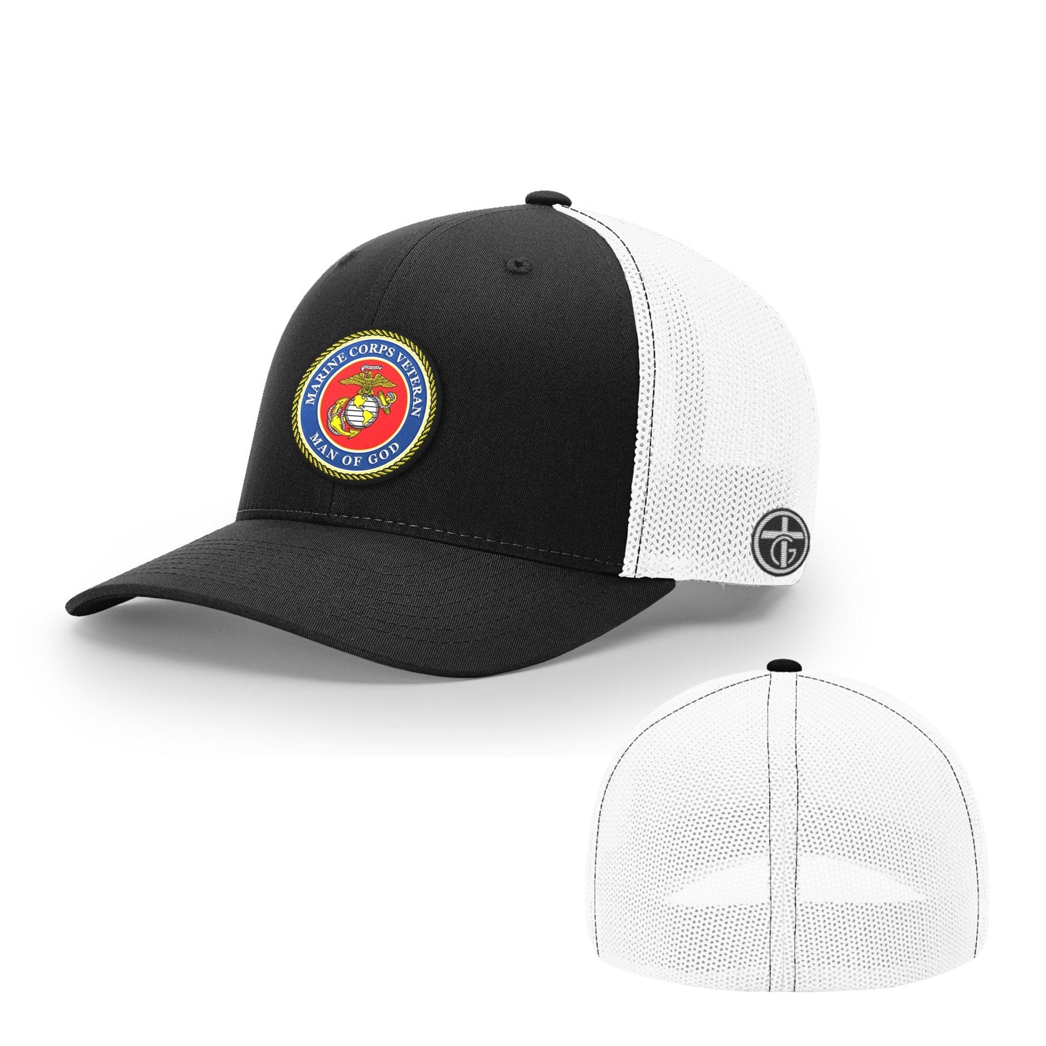 OurTrueGod Customs Hat Flexfit / Black and White / S/M Marine Corps Veteran -Man Of God Circle Patch Hats