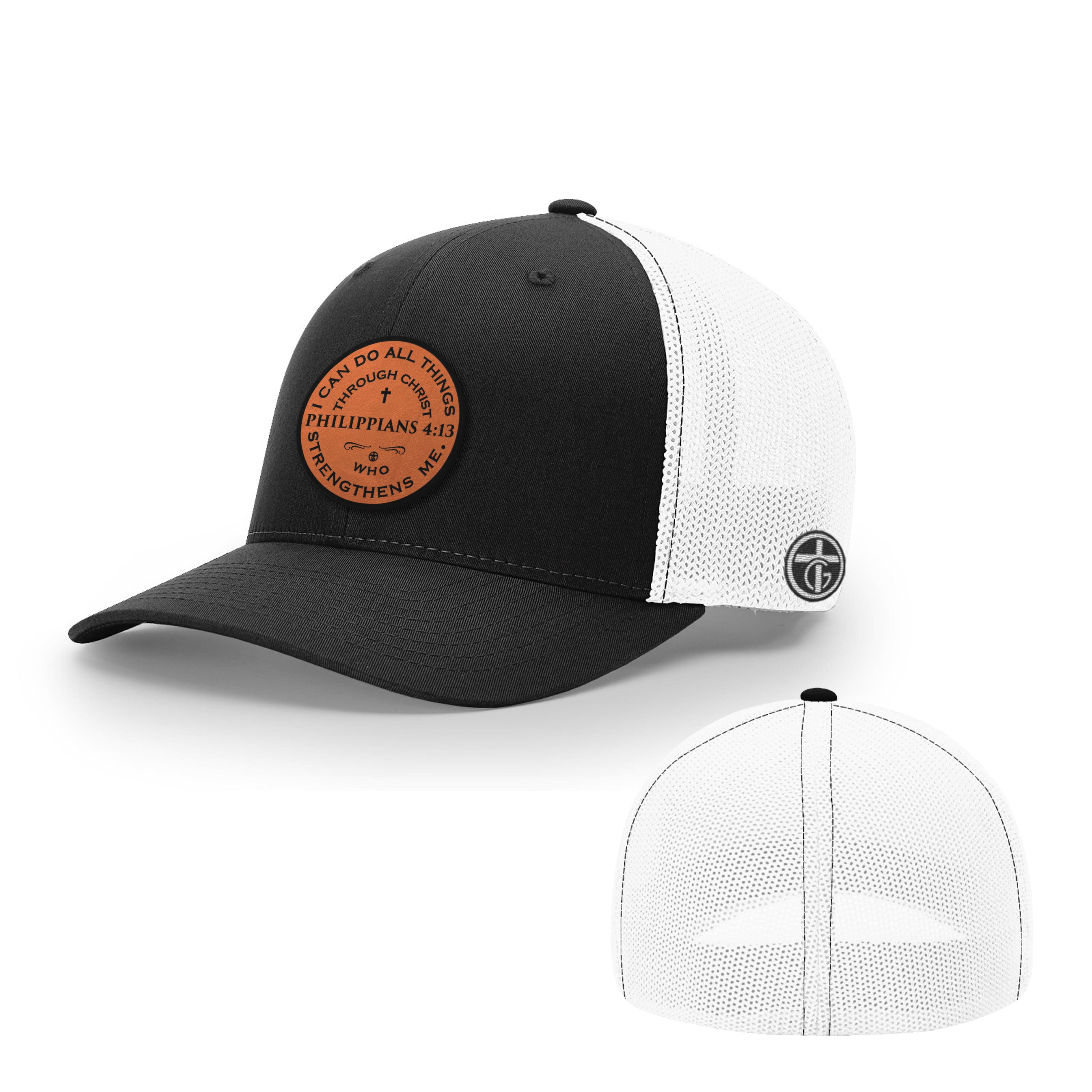 OurTrueGod Customs Hat Flexfit / Black and White / S/M Philippians 4:13 Leather Patch Hats