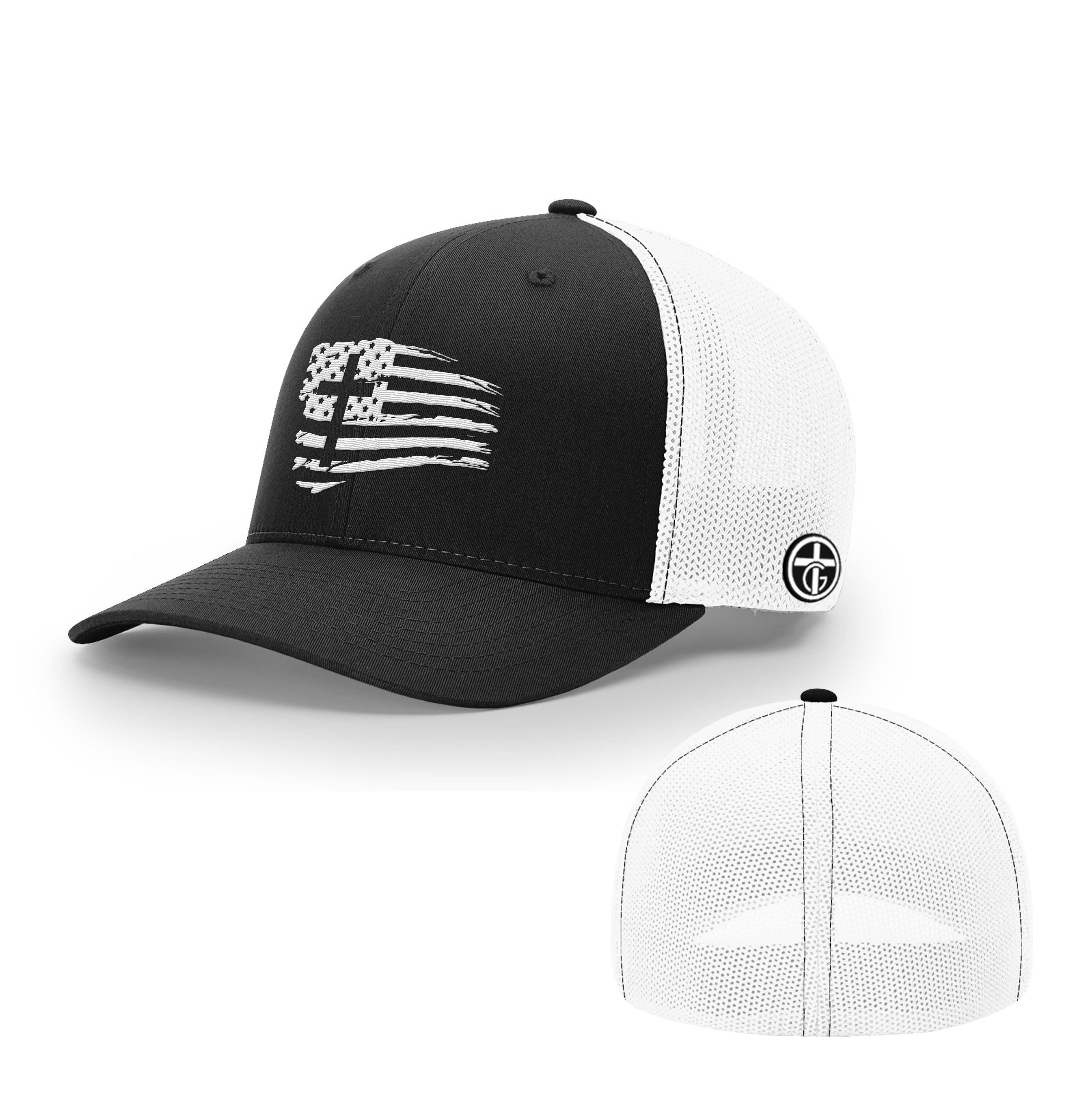 OurTrueGod Customs Hat Flexfit / Black and White / S/M Tattered Flag Cross Hats