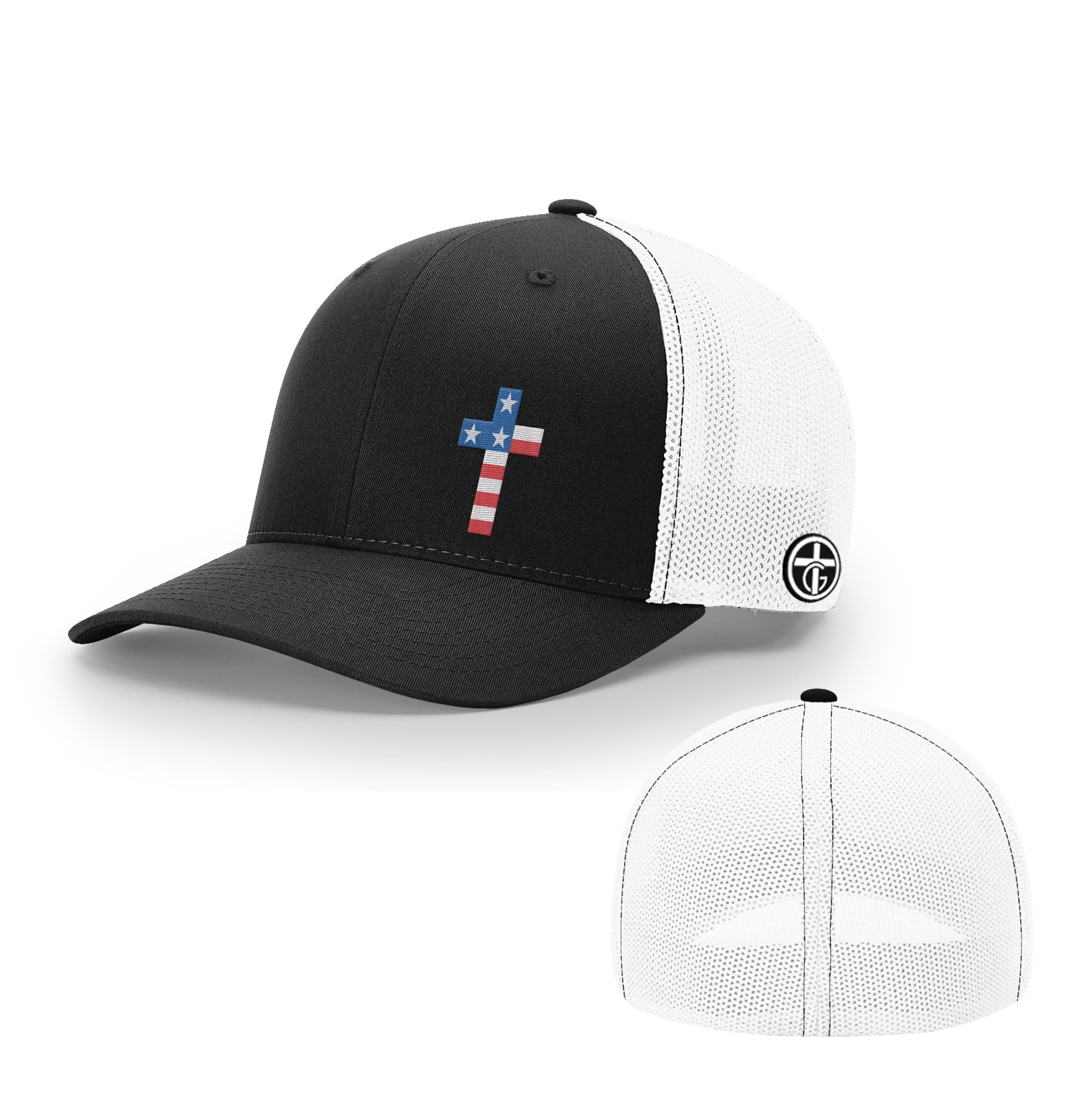 OurTrueGod Customs Hat Flexfit / Black and White / S/M USA Flag Cross Hats