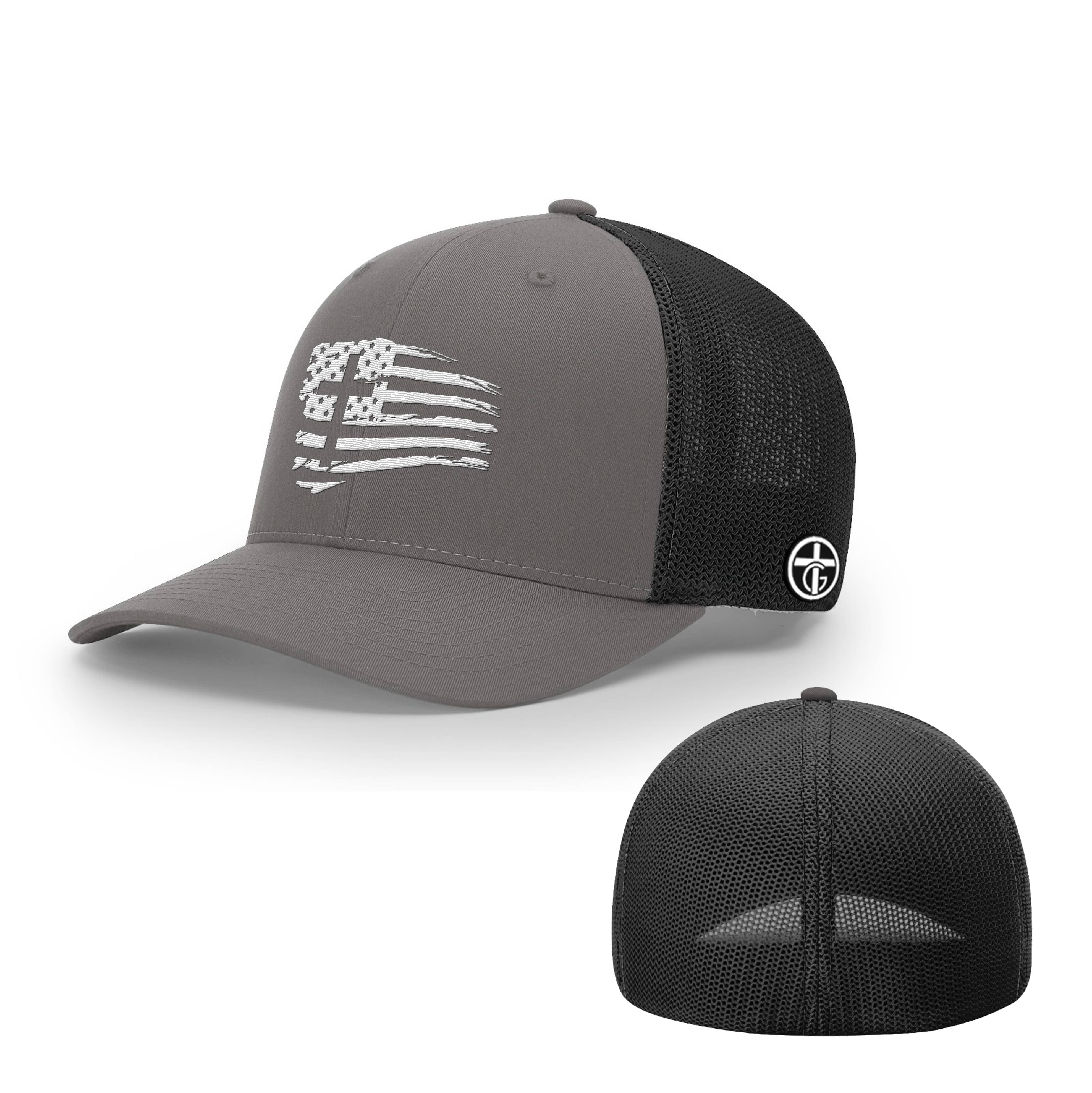 OurTrueGod Customs Hat Flexfit / Charcoal and Black / S/M Tattered Flag Cross Hats