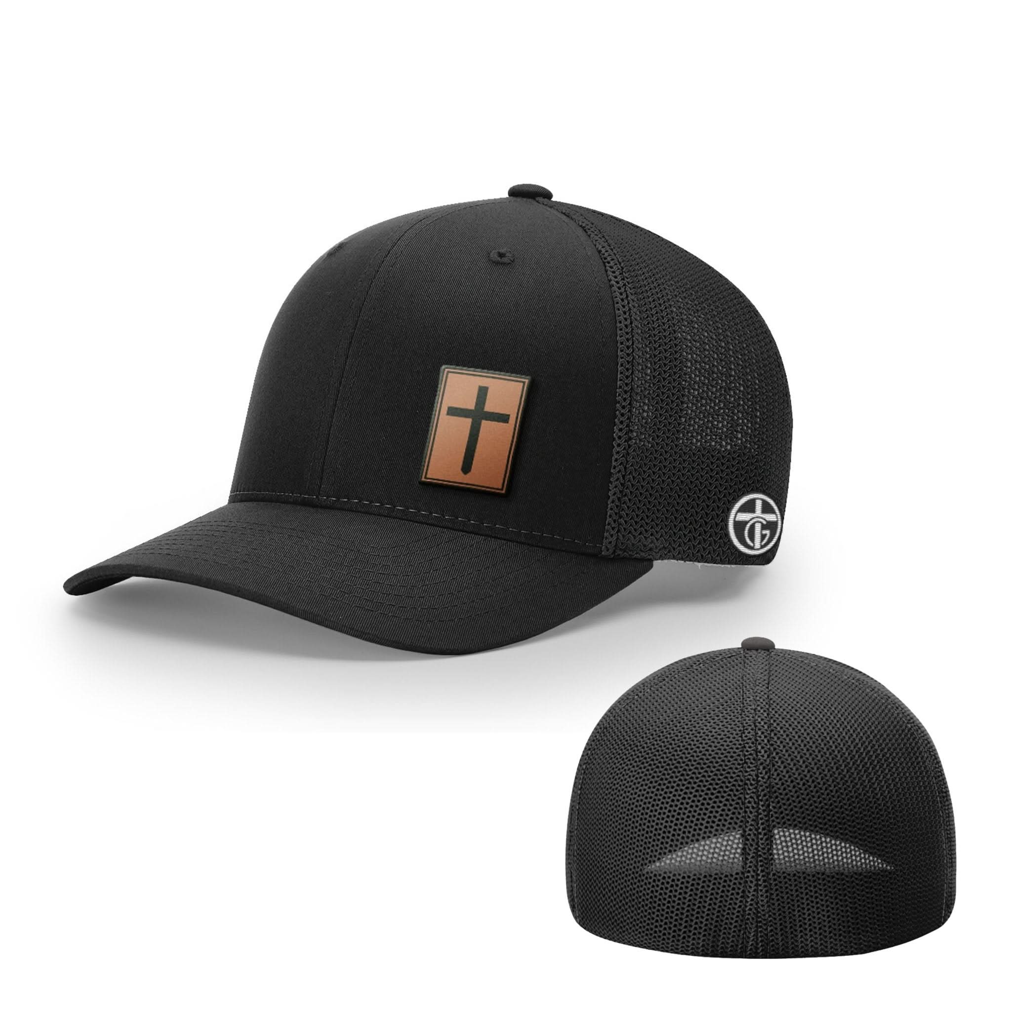 OurTrueGod Customs Hat Flexfit / Full Black / S/M Cross Leather Patch Hats