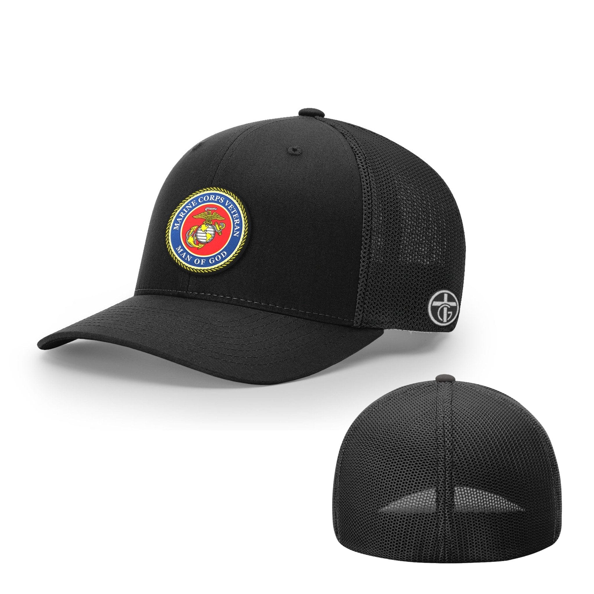OurTrueGod Customs Hat Flexfit / Full Black / S/M Marine Corps Veteran -Man Of God Circle Patch Hats