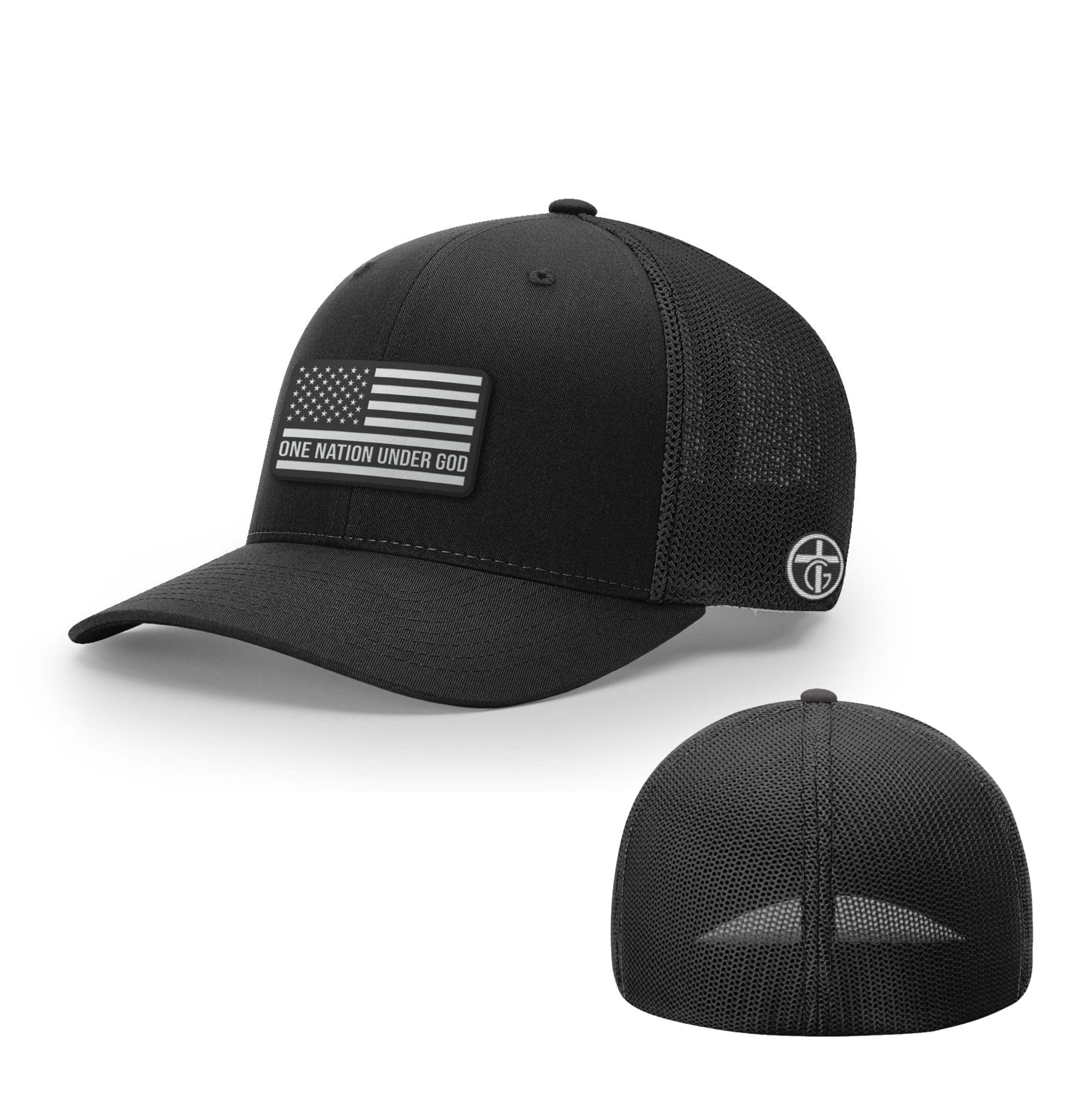 OurTrueGod Customs Hat Flexfit / Full Black / S/M One Nation Under God Flag DBD Edition Patch Hats