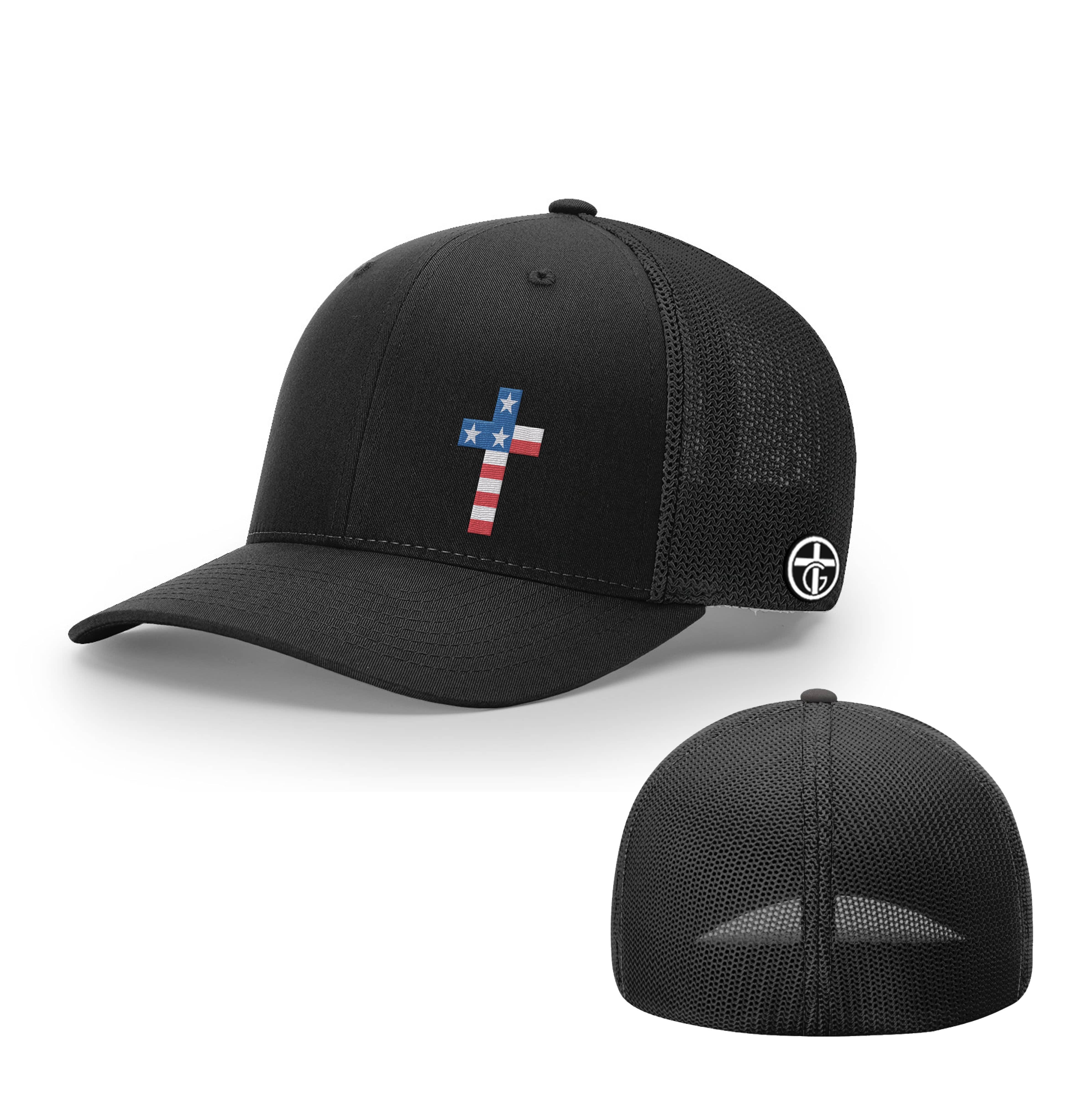 OurTrueGod Customs Hat Flexfit / Full Black / S/M USA Flag Cross Hats