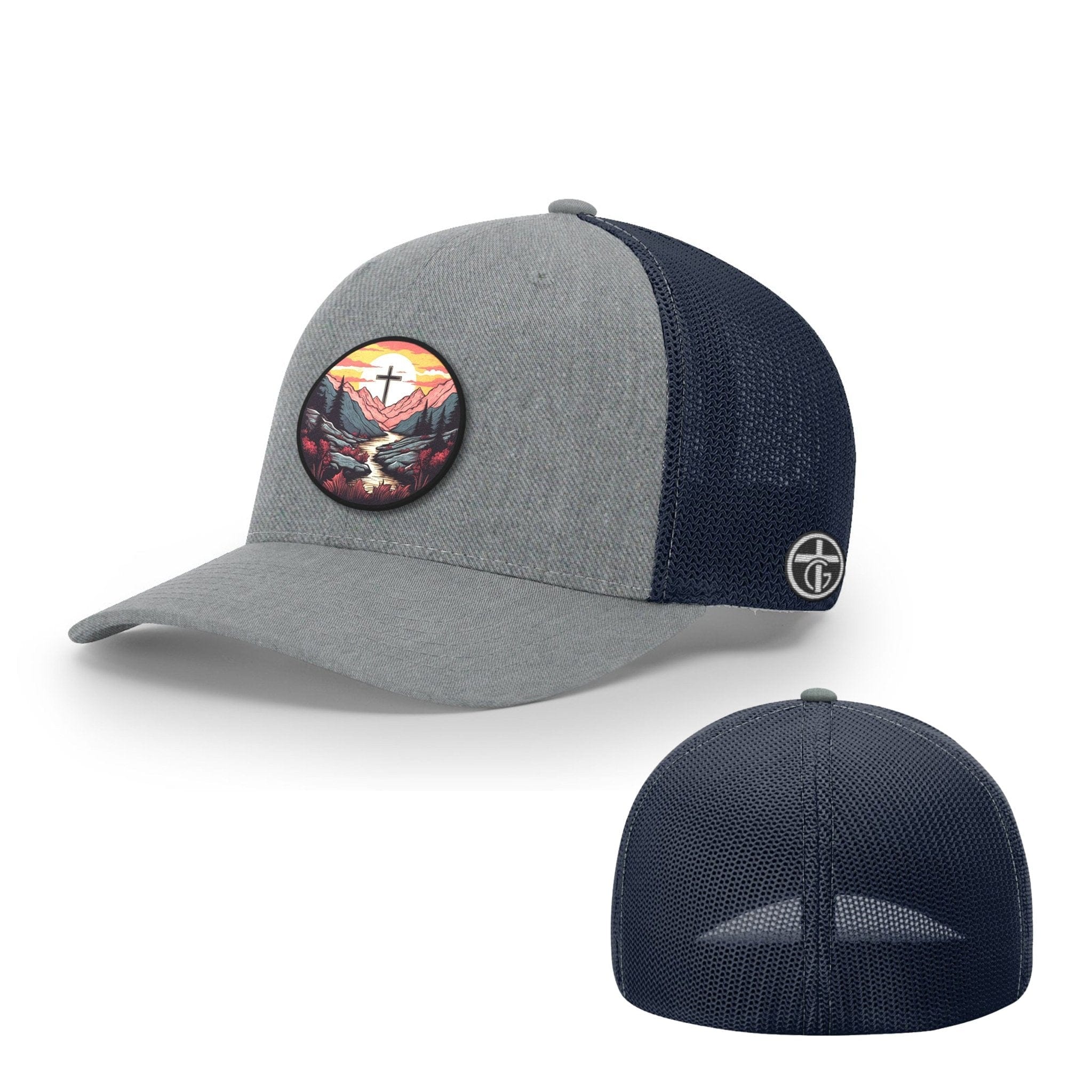 OurTrueGod Customs Hat Flexfit / Heather and Navy / L/XL Faith Can Move Mountains v2 Circle Patch Hats