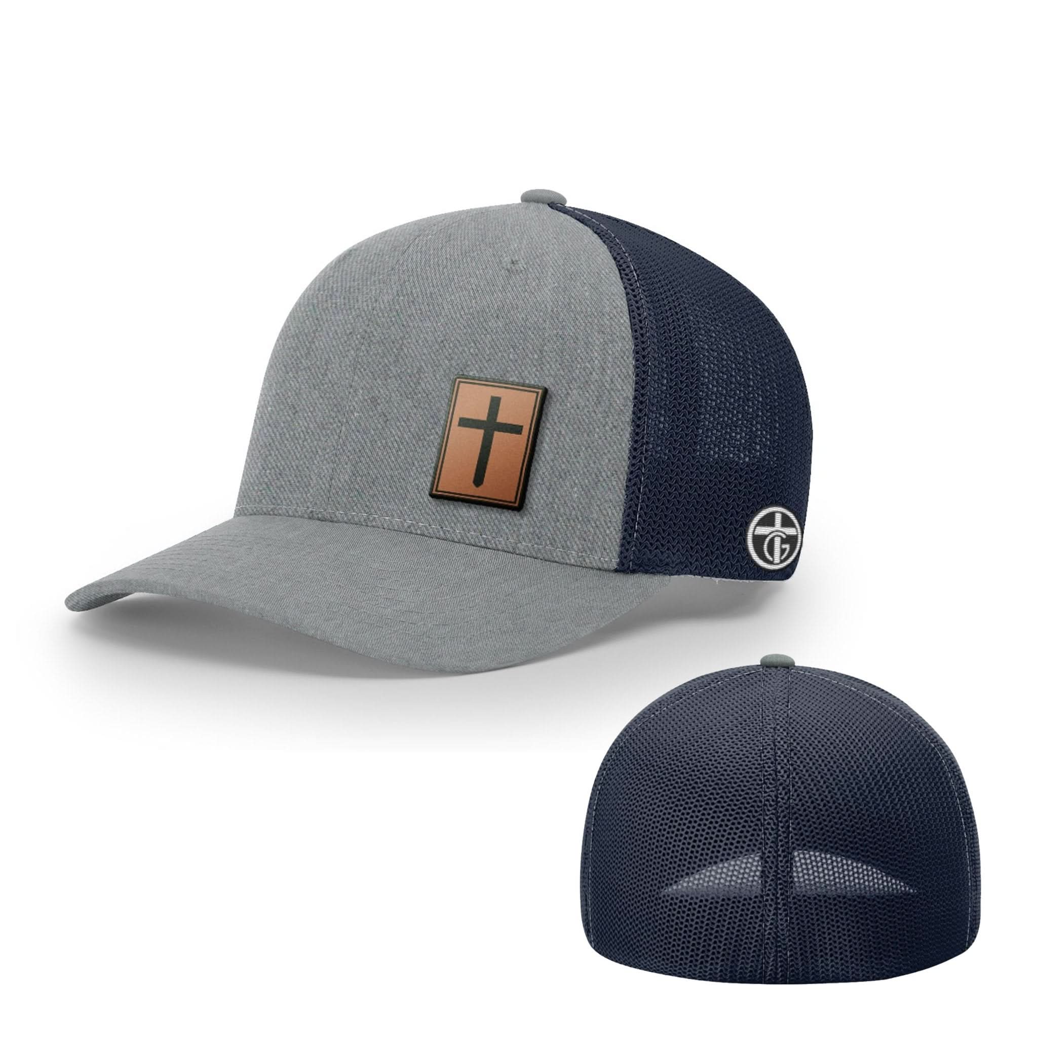 OurTrueGod Customs Hat Flexfit / Heather and Navy / S/M Cross Leather Patch Hats