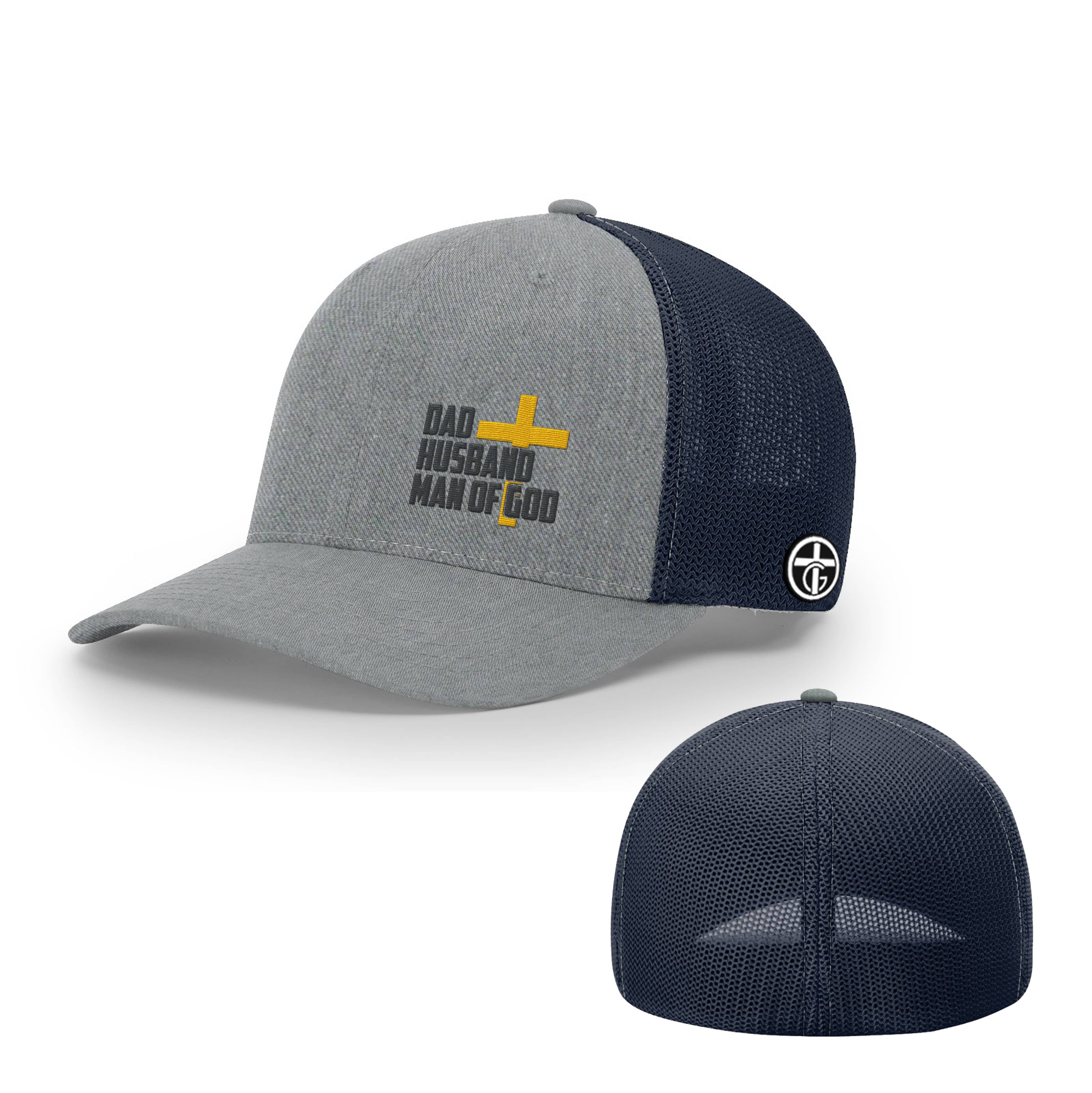 OurTrueGod Customs Hat Flexfit / Heather and Navy / S/M Dad, Husband, Man of God Hats