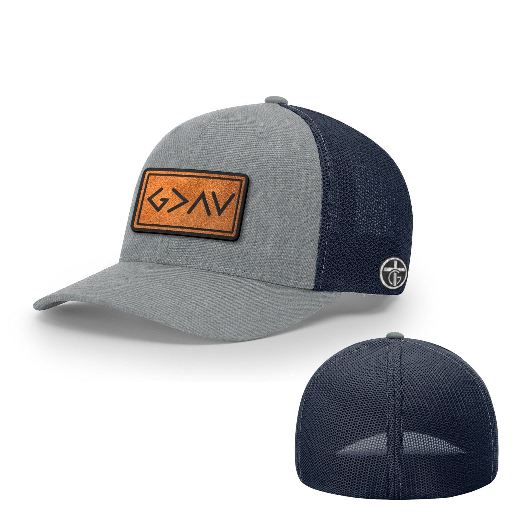OurTrueGod Customs Hat Flexfit / Heather and Navy / S/M God is Greater Than High and Lows Leather Patch Hats