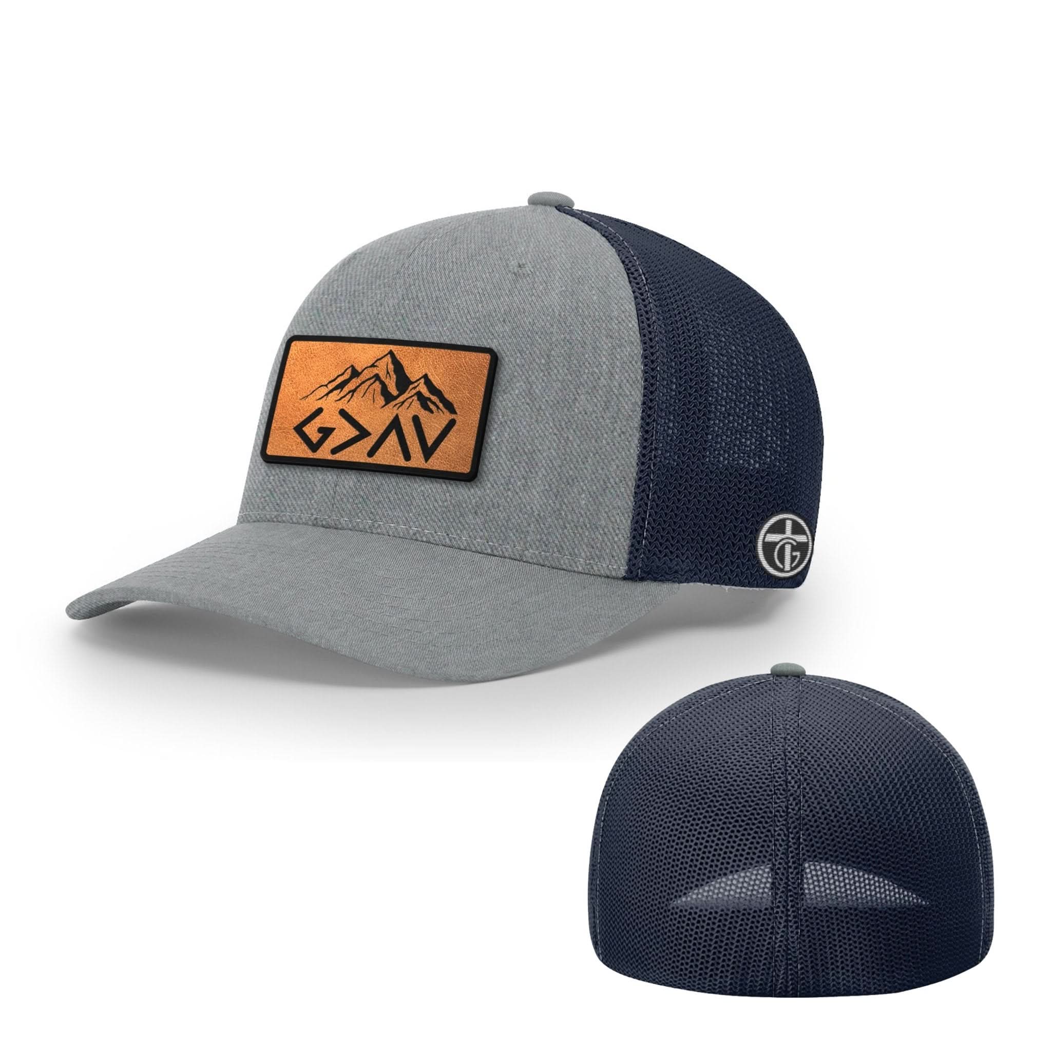 OurTrueGod Customs Hat Flexfit / Heather and Navy / S/M God Is Greater Than The Highs And Lows Mountain Leather Patch Hats