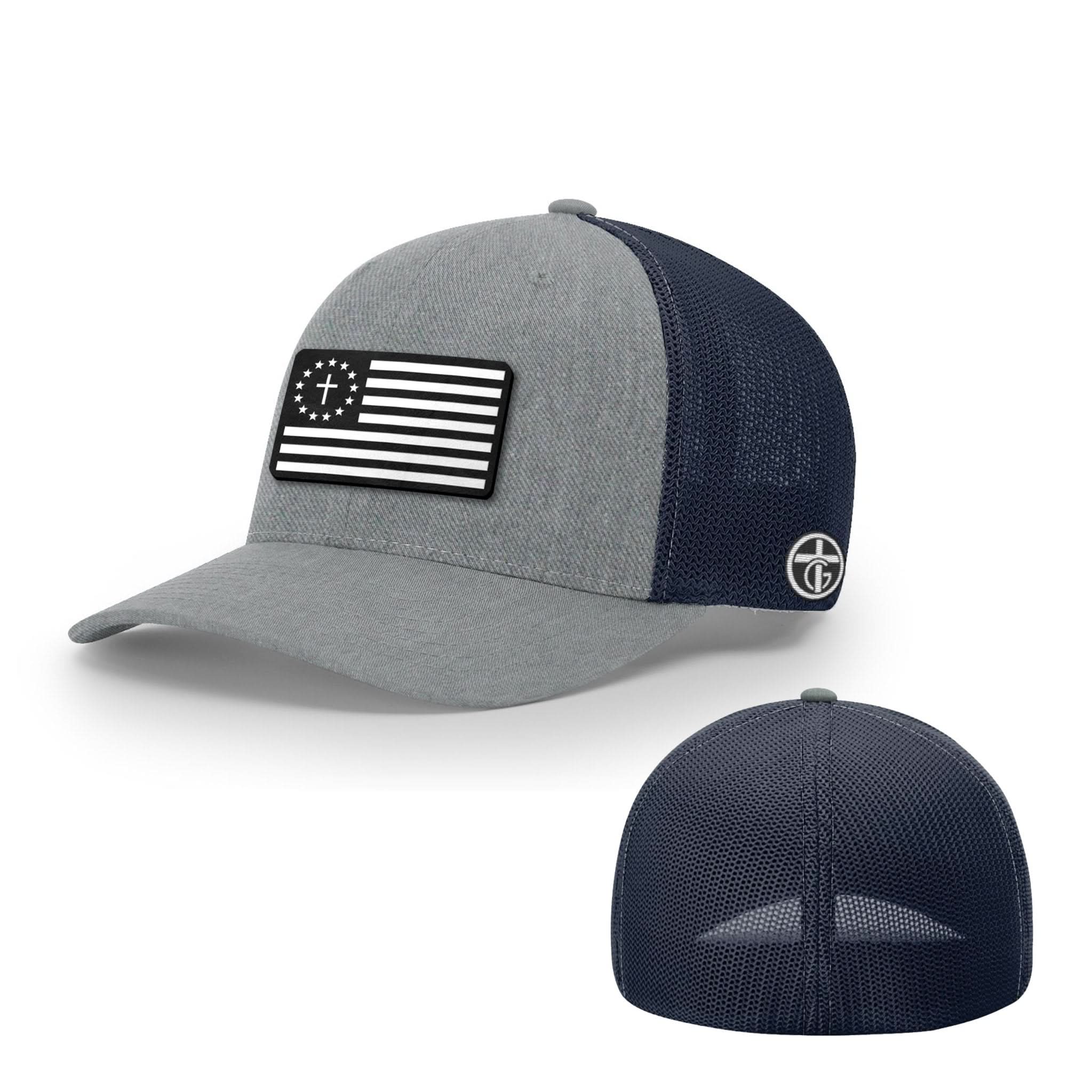 OurTrueGod Customs Hat Flexfit / Heather and Navy / S/M One Nation Under God White Leather Patch Hat - Snapback & Flexfit