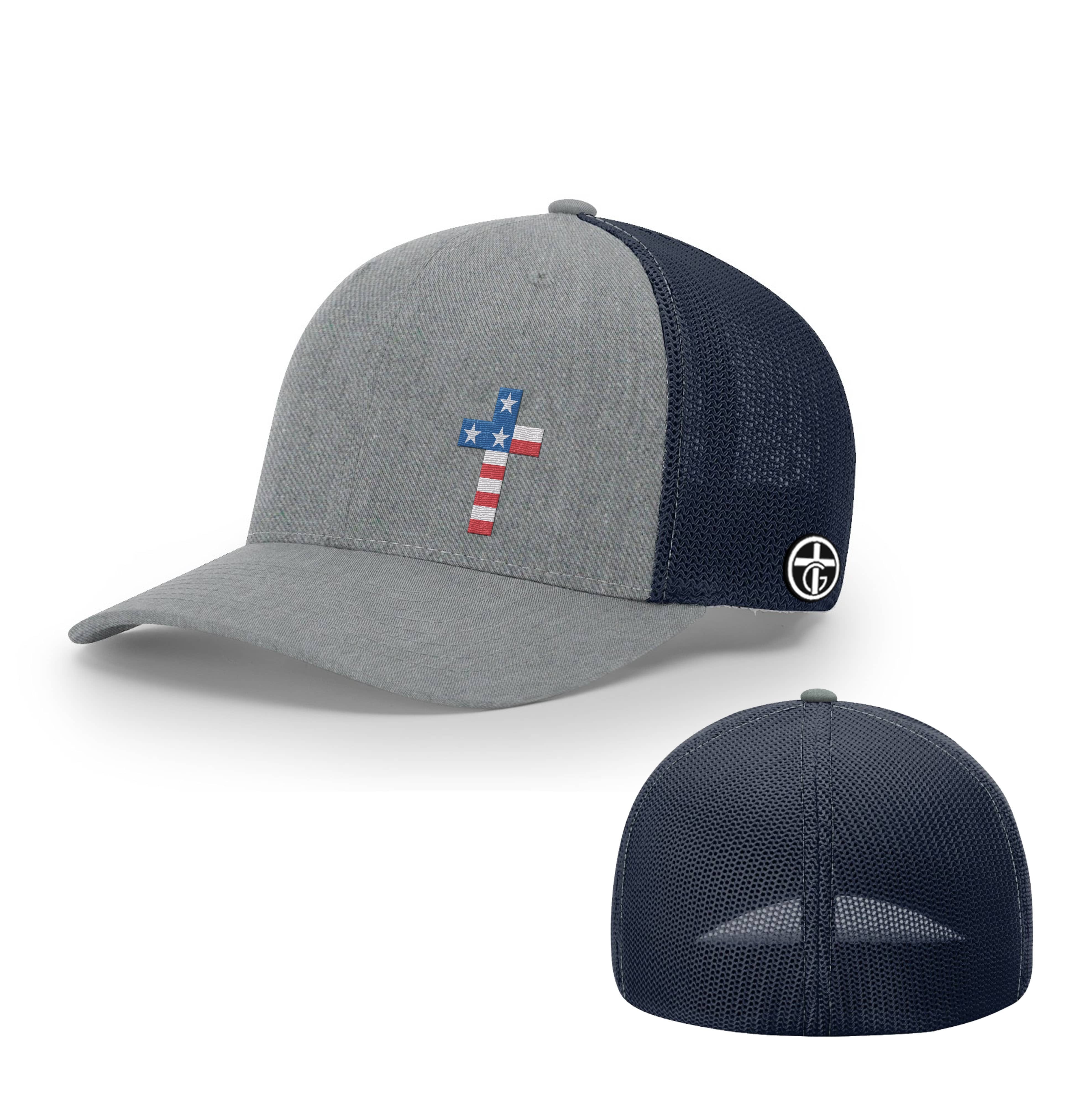 OurTrueGod Customs Hat Flexfit / Heather and Navy / S/M USA Flag Cross Hats