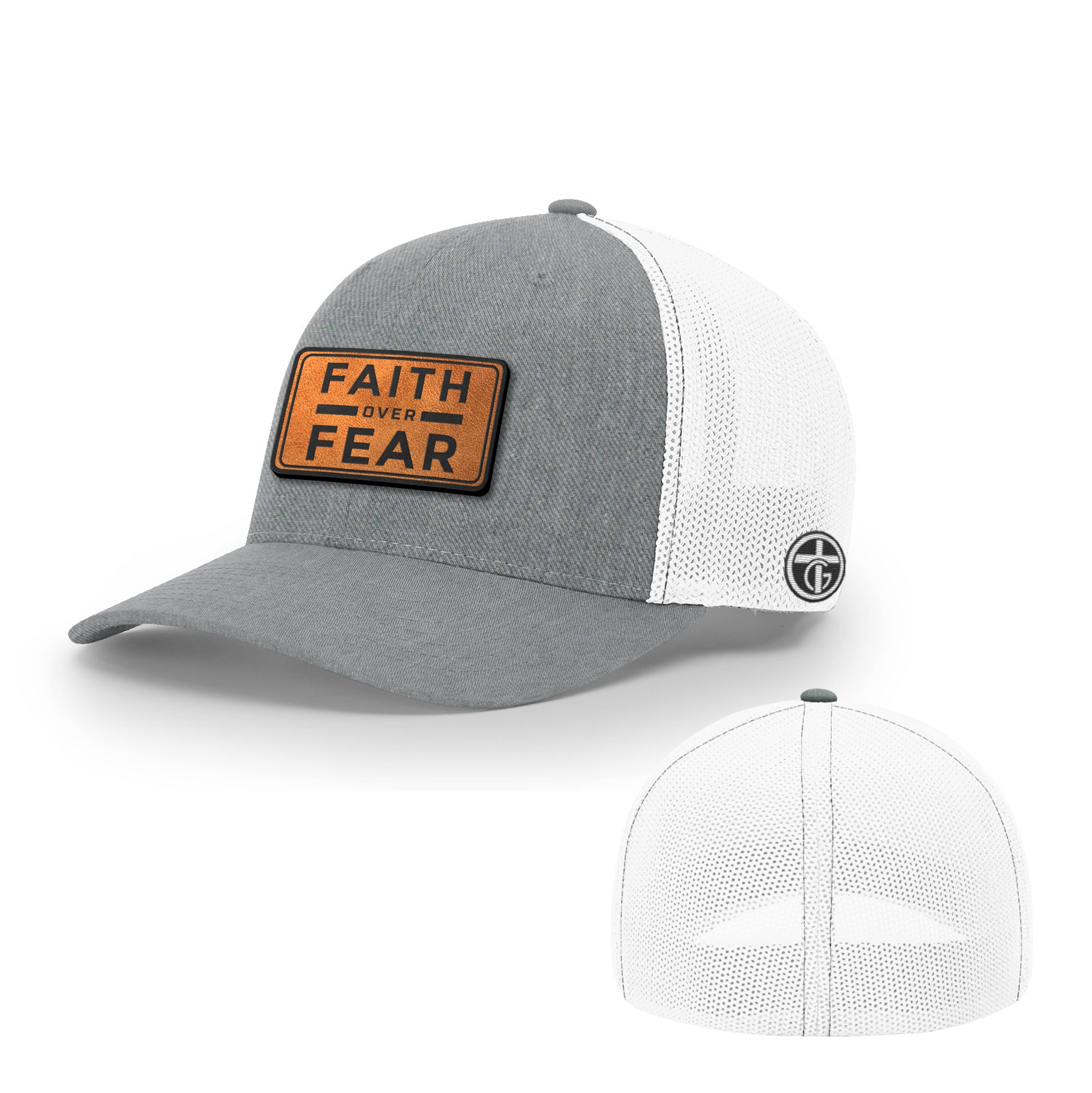 OurTrueGod Customs Hat Flexfit / Heather and White / S/M Faith Over Fear Leather Patch Hats