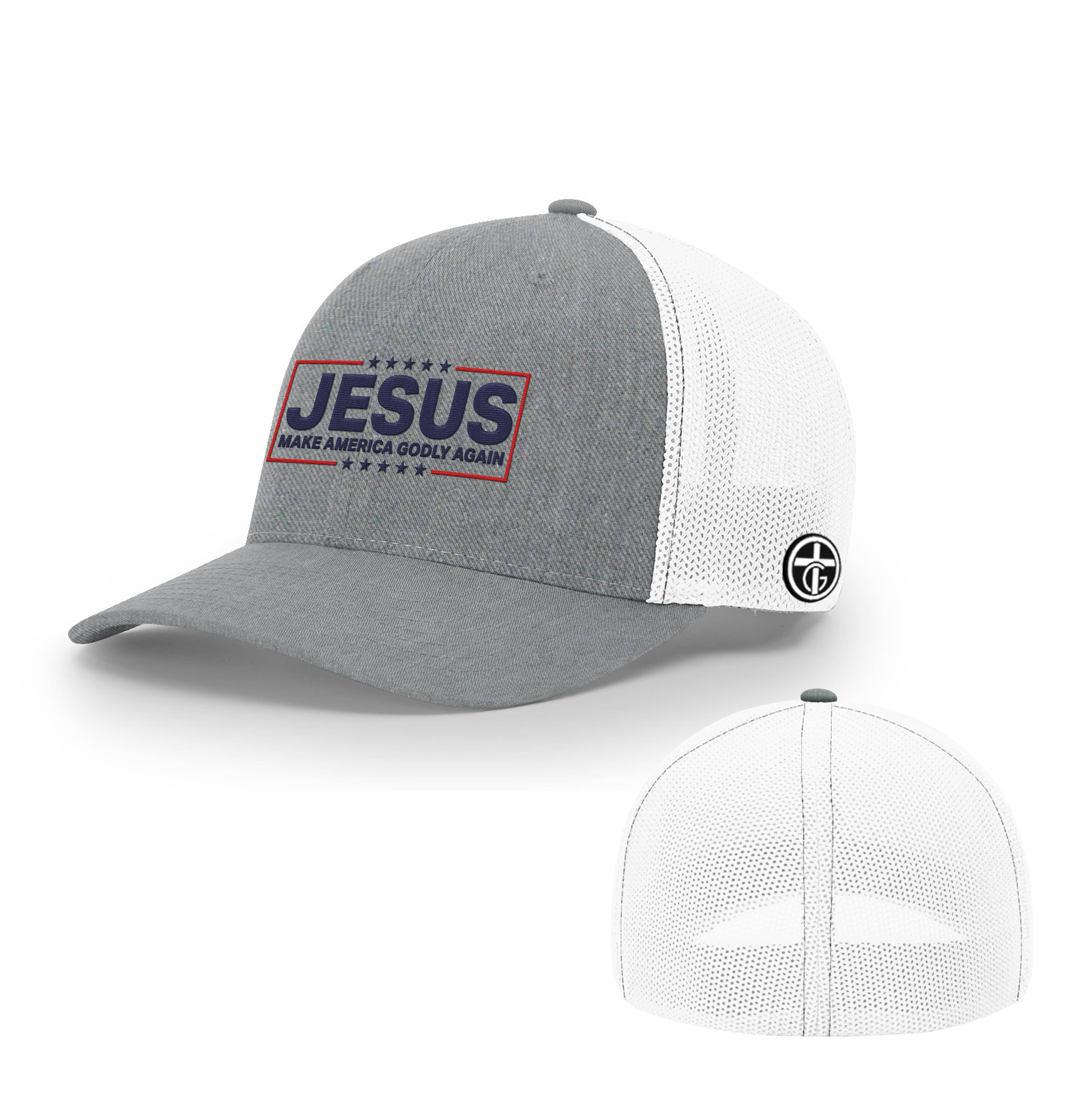 OurTrueGod Customs Hat Flexfit / Heather and White / S/M Jesus Make America Godly Again Hats