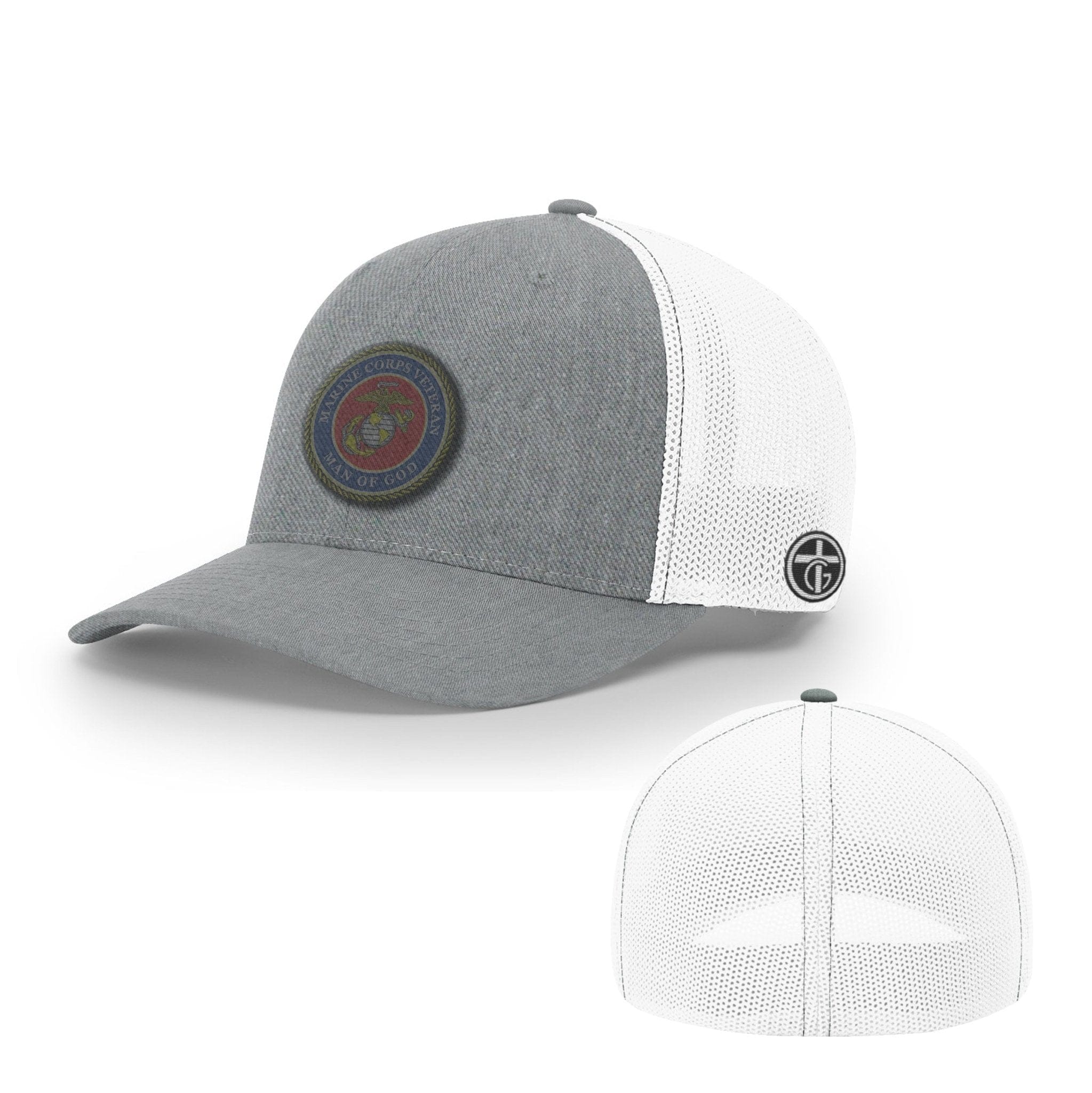 OurTrueGod Customs Hat Flexfit / Heather and White / S/M Marine Corps Veteran -Man Of God Circle Patch Hats