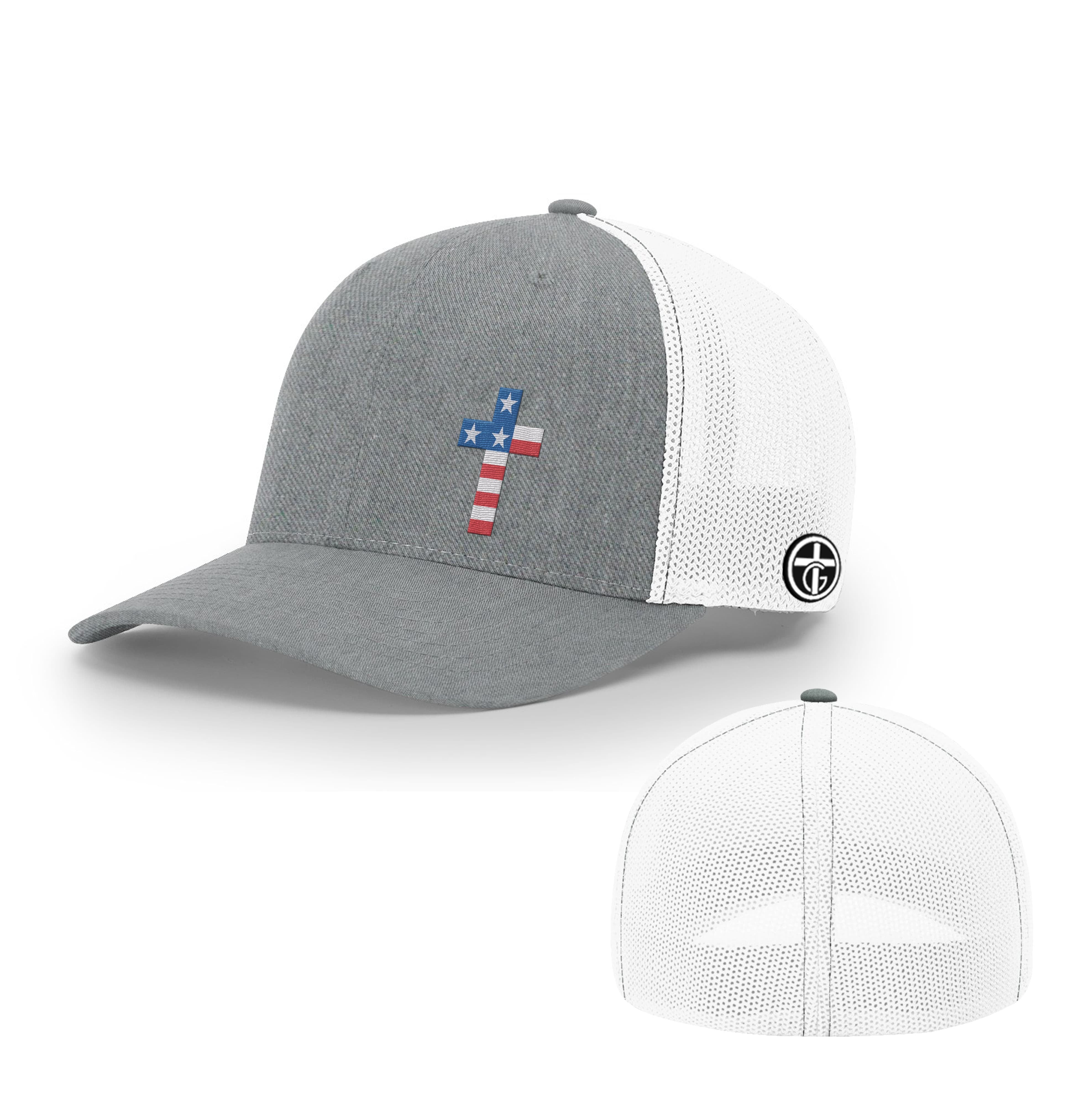 OurTrueGod Customs Hat Flexfit / Heather and White / S/M USA Flag Cross Hats