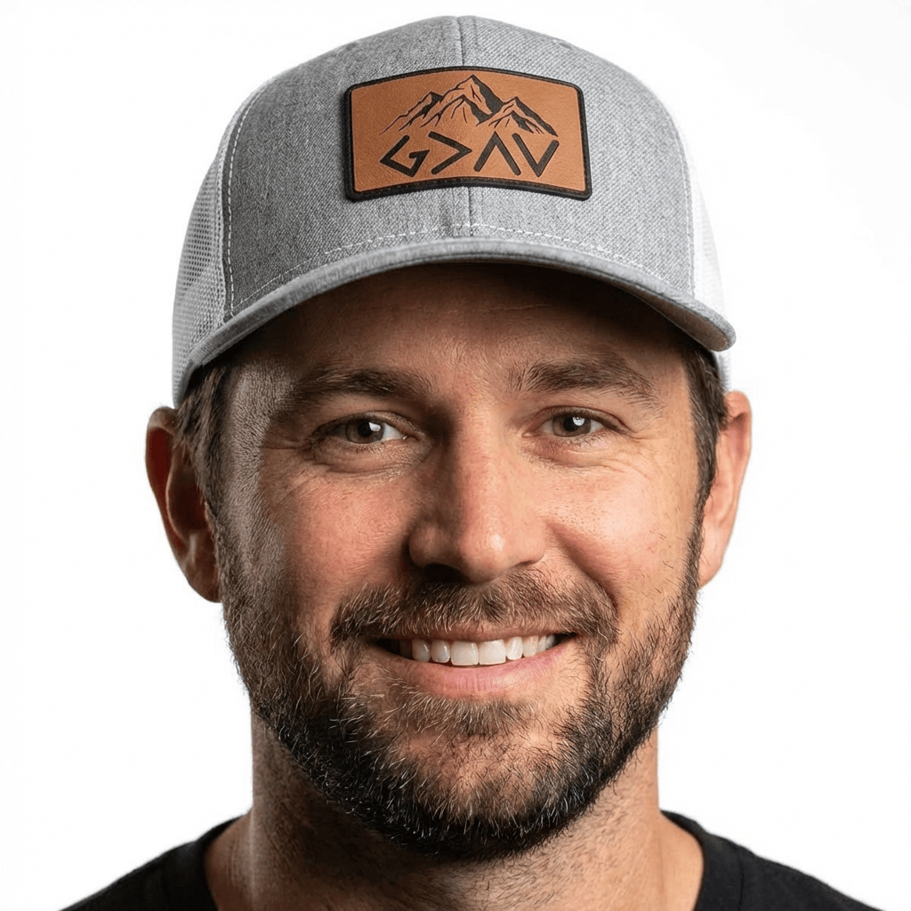 OurTrueGod Customs Hat God Is Greater Than The Highs And Lows Mountain Leather Patch Hats