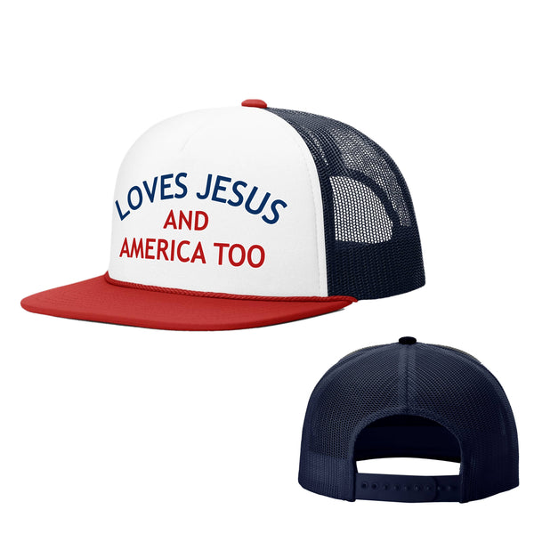 Loves Jesus America Too Foam Trucker Hat in Navy and Red
