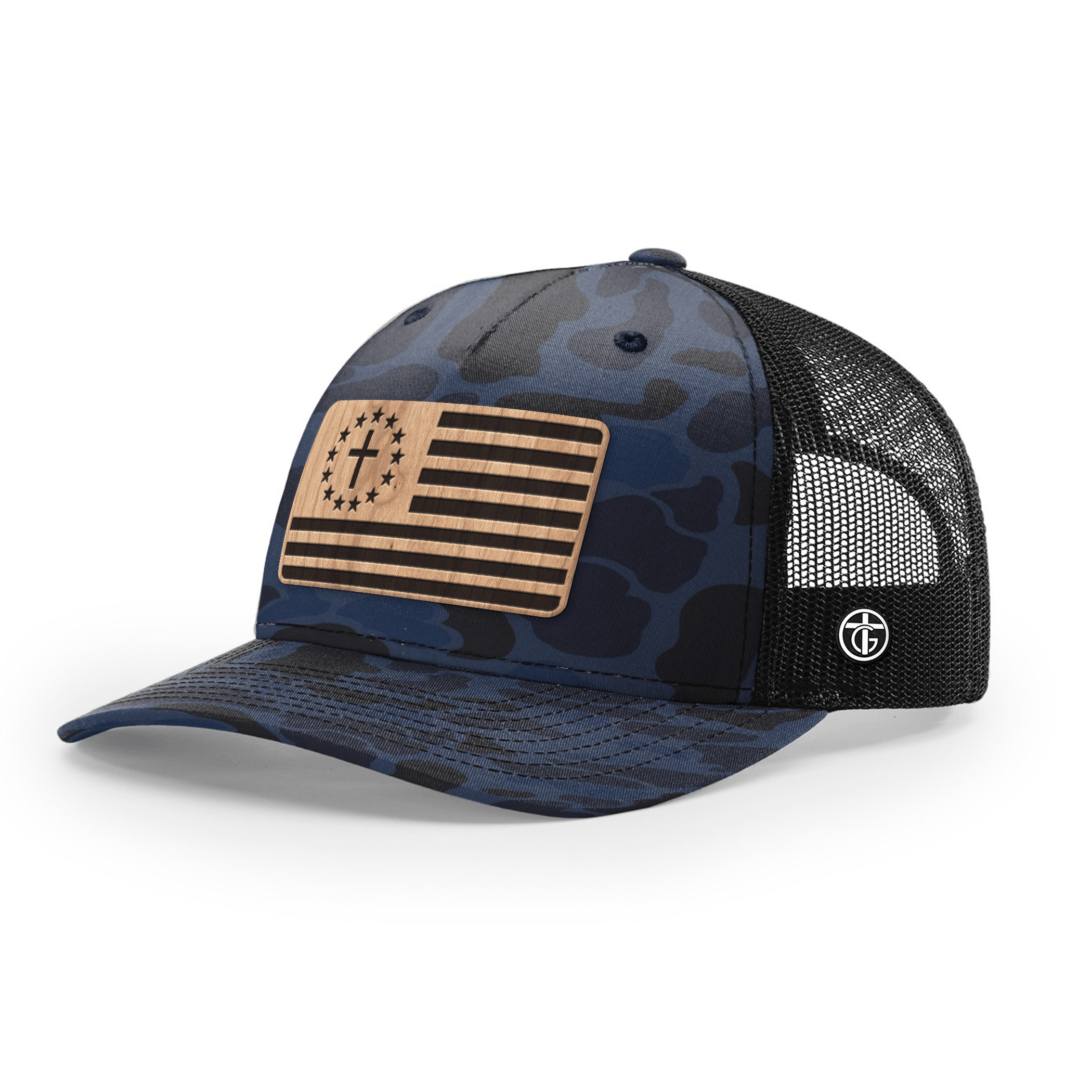 OurTrueGod Customs Hat Snapback / Admiral Duck Camo and Black / One Size Betsy Ross Flag Wood Patch Camo Hats