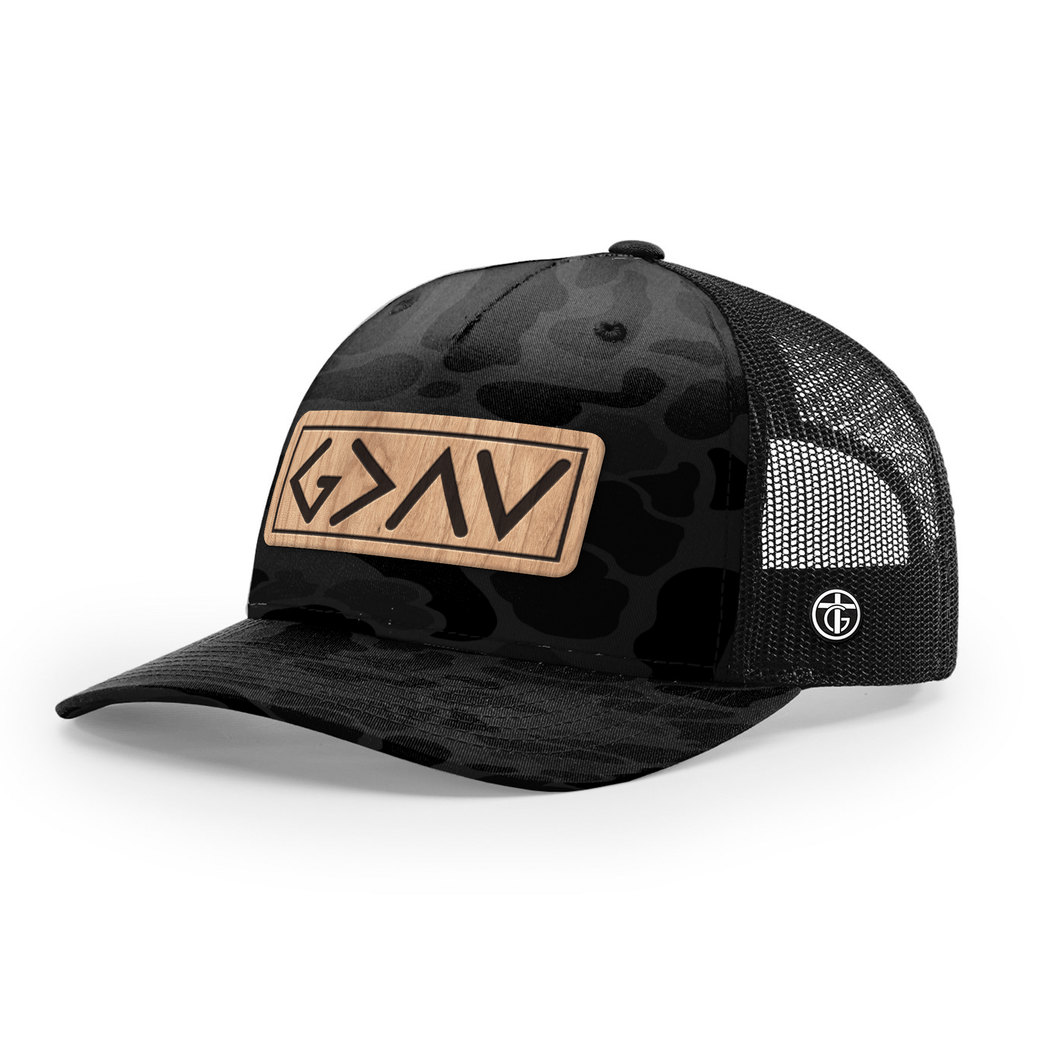 OurTrueGod Customs Hat Snapback / Admiral Duck Camo and Black / One Size God Is Greater Than The Highs And Lows Wood Patch Camo Hats