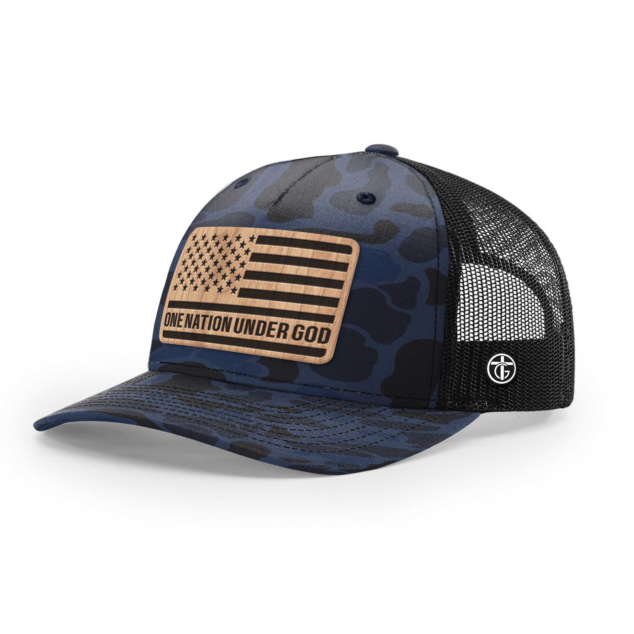 OurTrueGod Customs Hat Snapback / Admiral Duck Camo and Black / One Size One Nation Under God Wood Patch Camo Hats