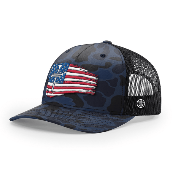 Tattered US Flag Cross Camo Hat, Snapback in Admiral Duck Camo and Black