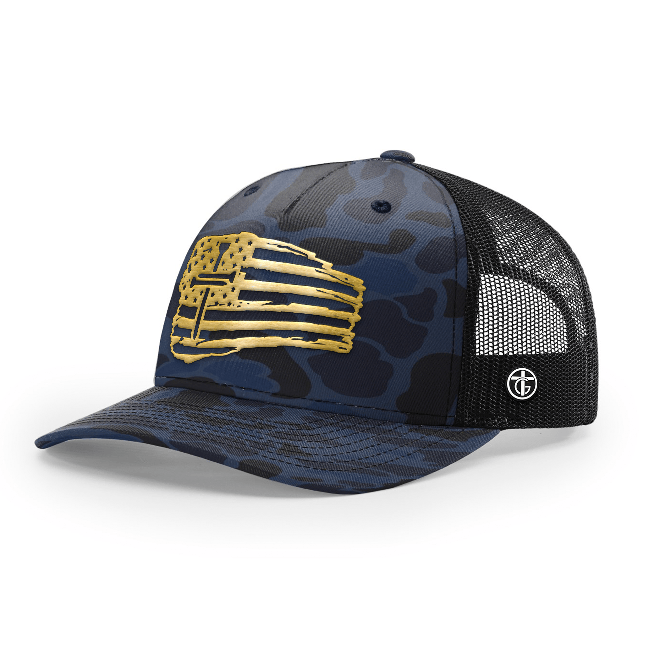 OurTrueGod Customs Hat Snapback / Admiral Duck Camo and Black / One Size Tattered Flag Cross Gold Metal Patch Camo Hats