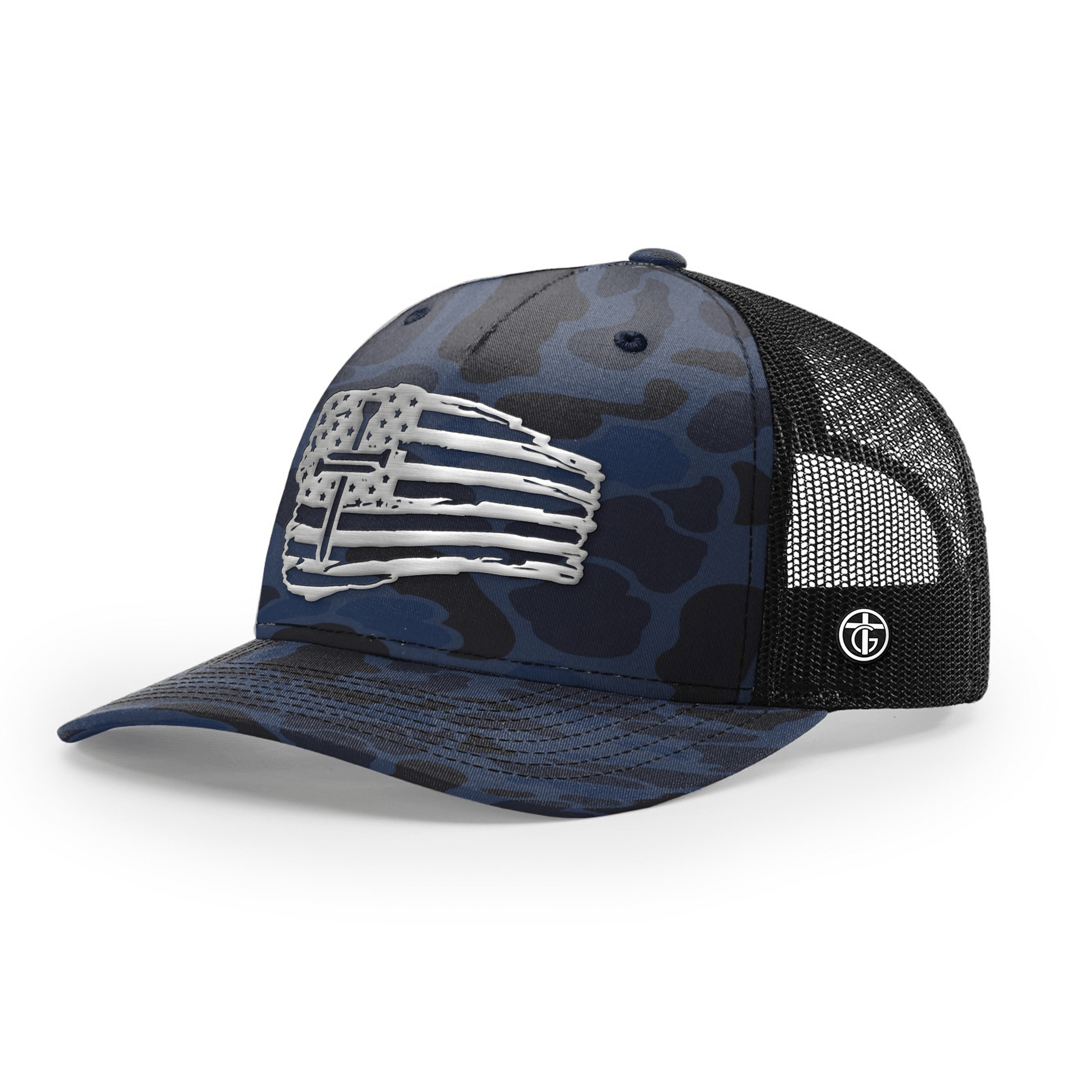 OurTrueGod Customs Hat Snapback / Admiral Duck Camo and Black / One Size Tattered Flag Cross Silver Metal Patch Camo Hats