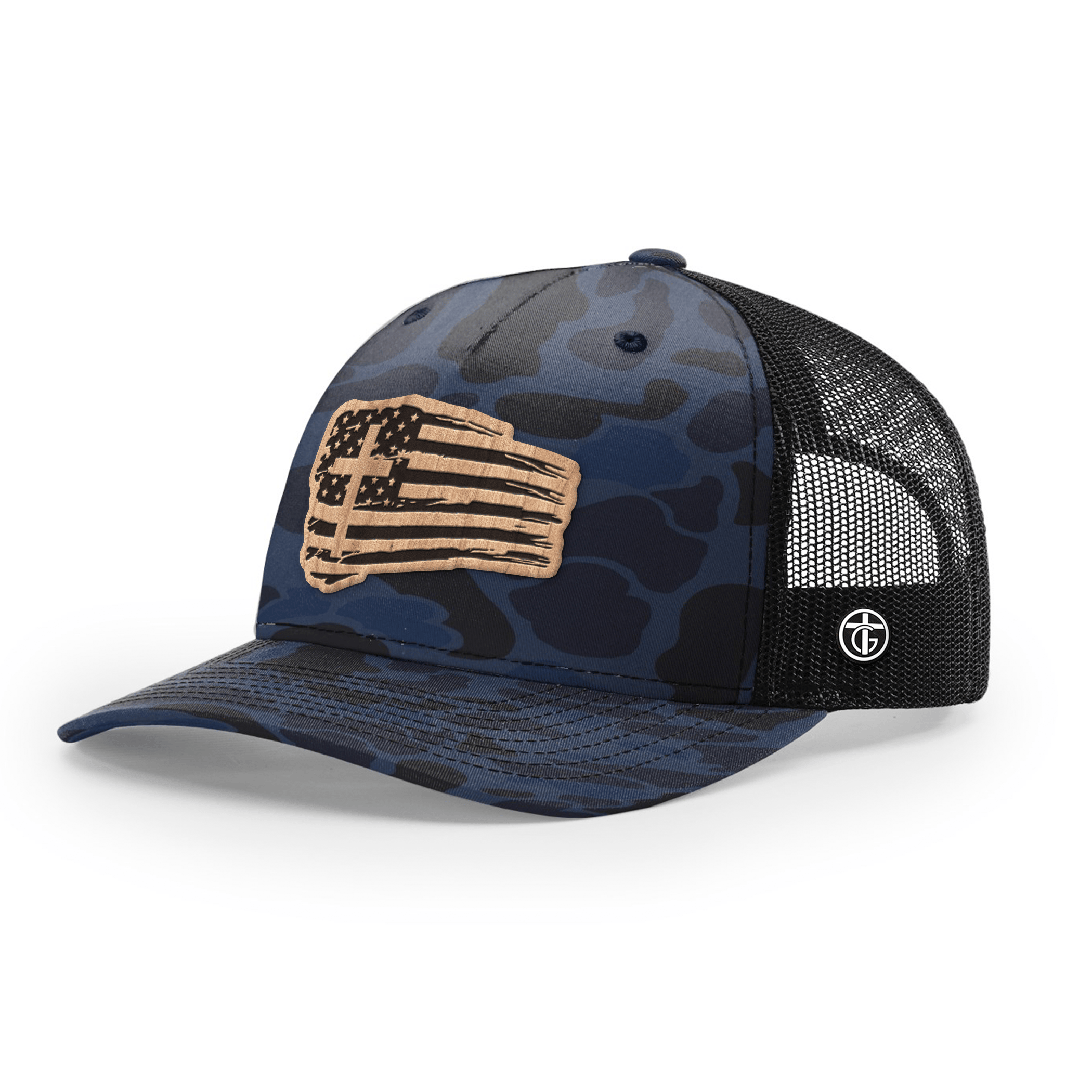 OurTrueGod Customs Hat Snapback / Admiral Duck Camo and Black / One Size Tattered Flag Wood Patch Camo Hats