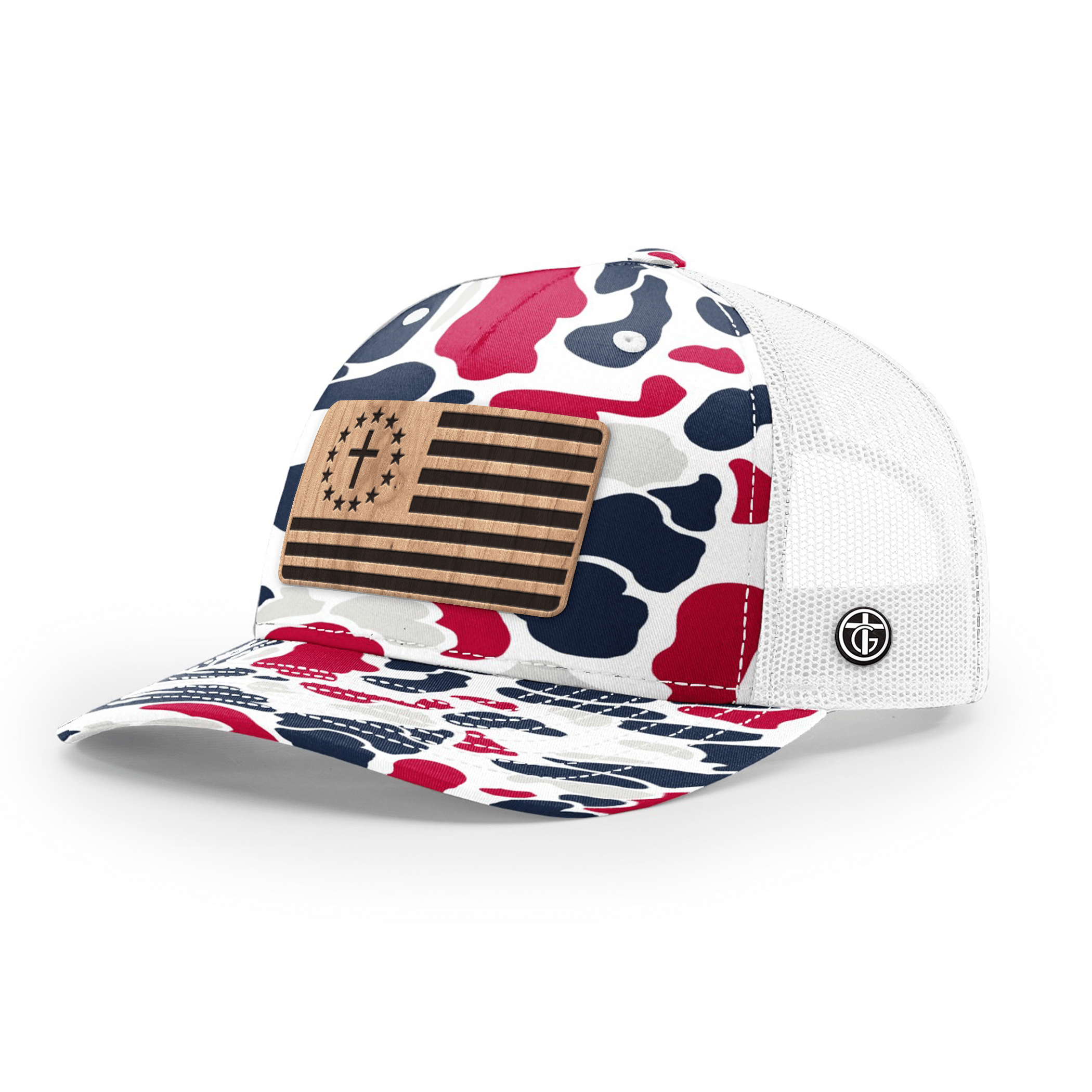 OurTrueGod Customs Hat Snapback / Americana Duck Camo and White / One Size Betsy Ross Flag Wood Patch Camo Hats