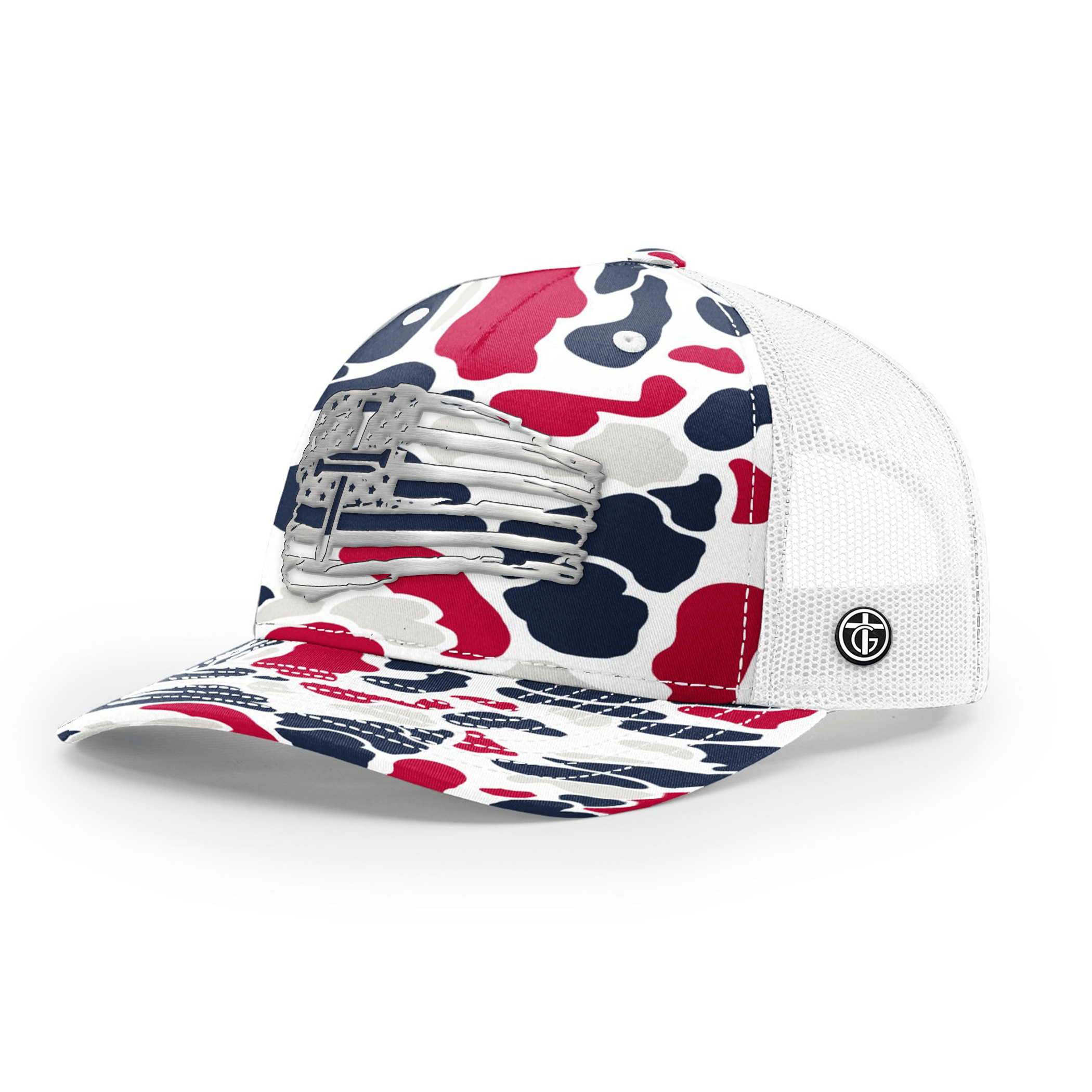 OurTrueGod Customs Hat Snapback / Americana Duck Camo and White / One Size Tattered Flag Cross Silver Metal Patch Camo Hats