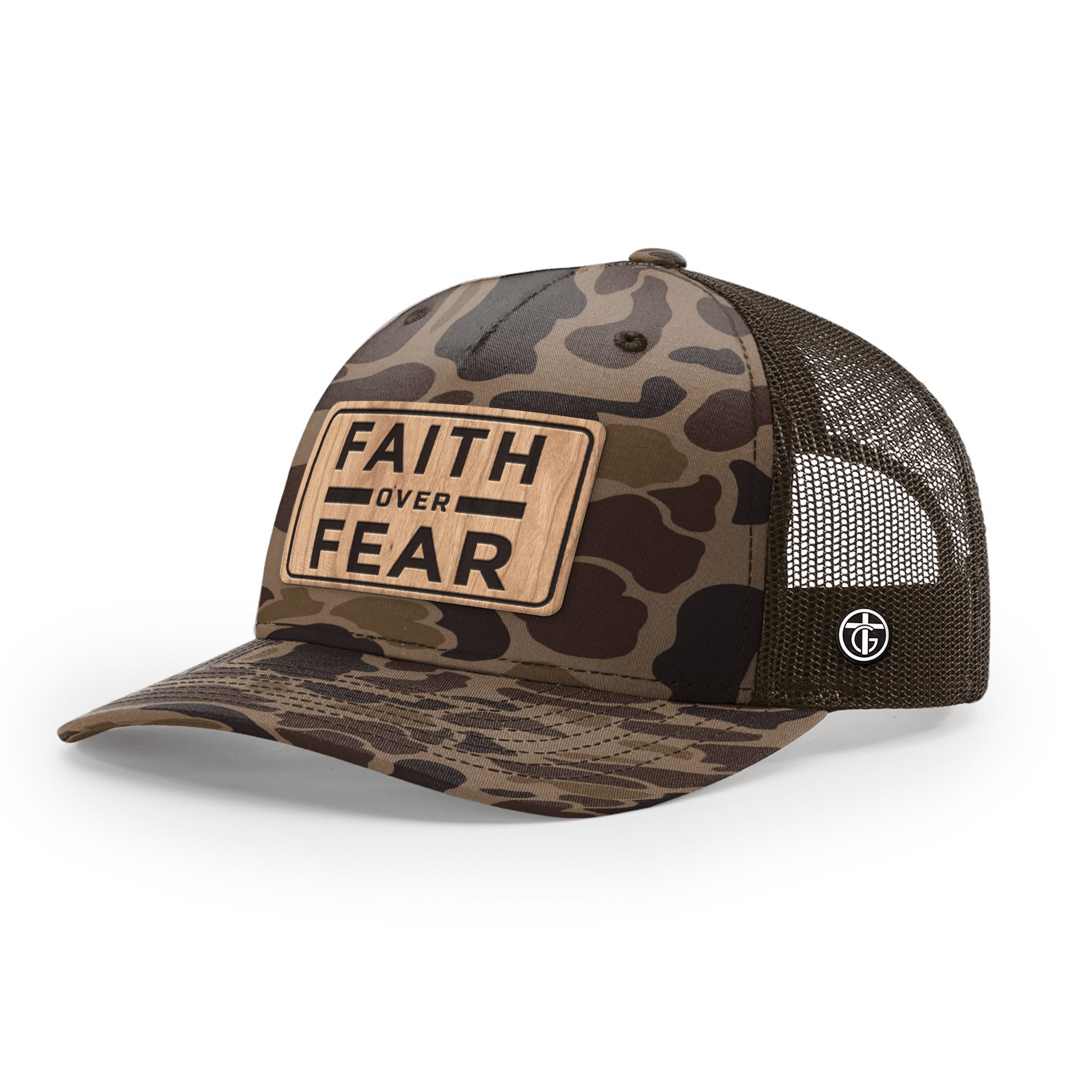 OurTrueGod Customs Hat Snapback / Bark Duck Camo and Brown / One Size Faith Over Fear Camo Wood Patch Camo Hats