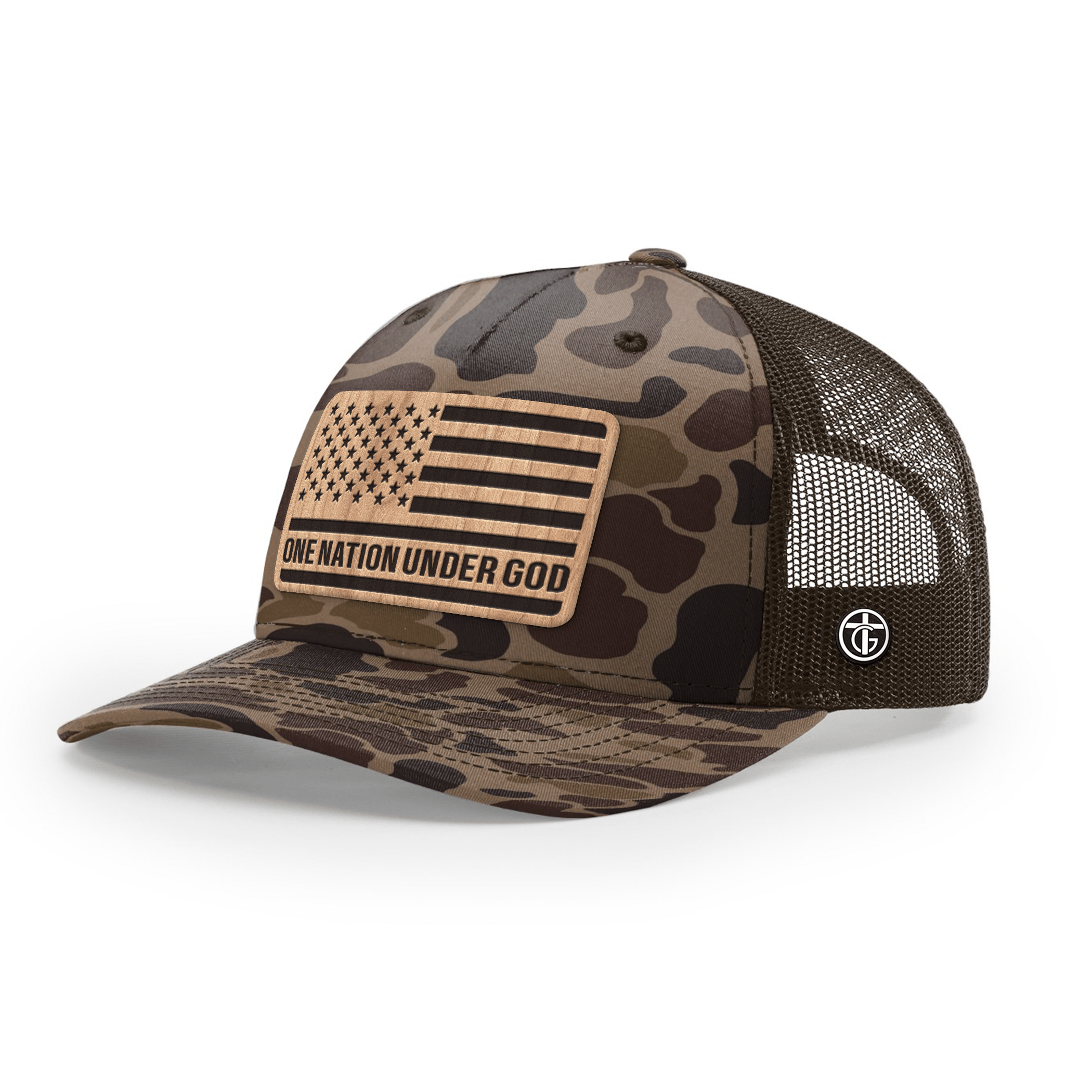 OurTrueGod Customs Hat Snapback / Bark Duck Camo and Brown / One Size One Nation Under God Wood Patch Camo Hats