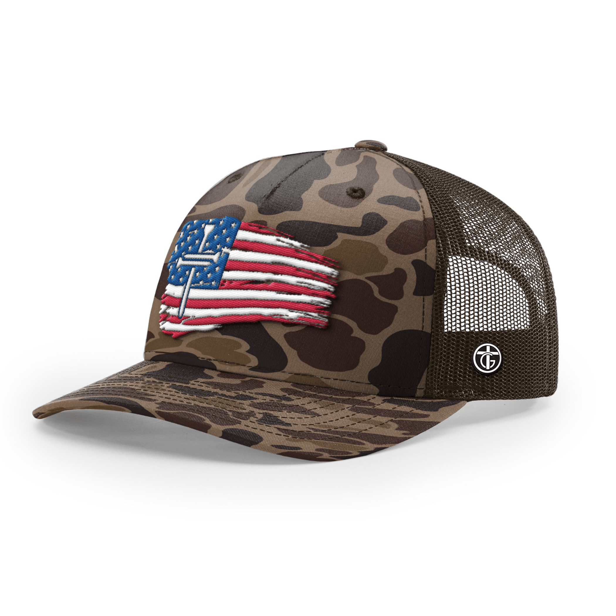 OurTrueGod Customs Hat Snapback / Bark Duck Camo and Brown / One Size Tattered Flag Cross Camo Hats