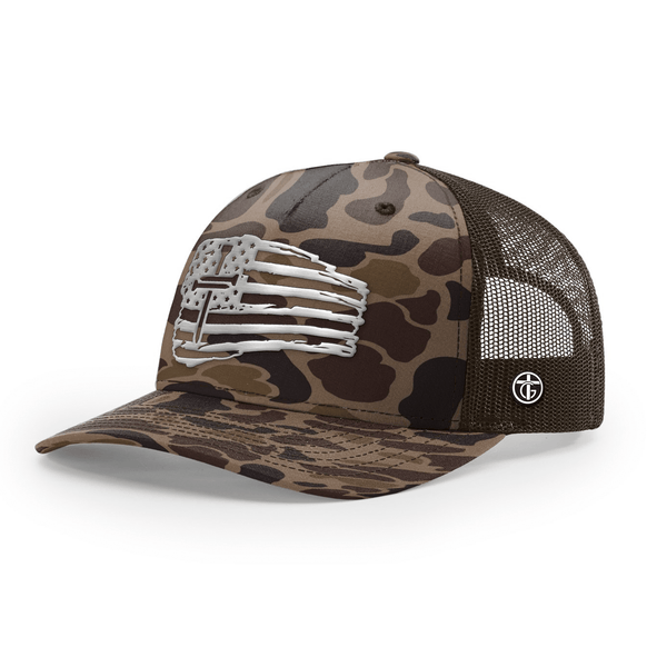 Tattered Flag Cross Silver Metal Patch Camo Hat, Snapback in Bark Duck Camo and Brown