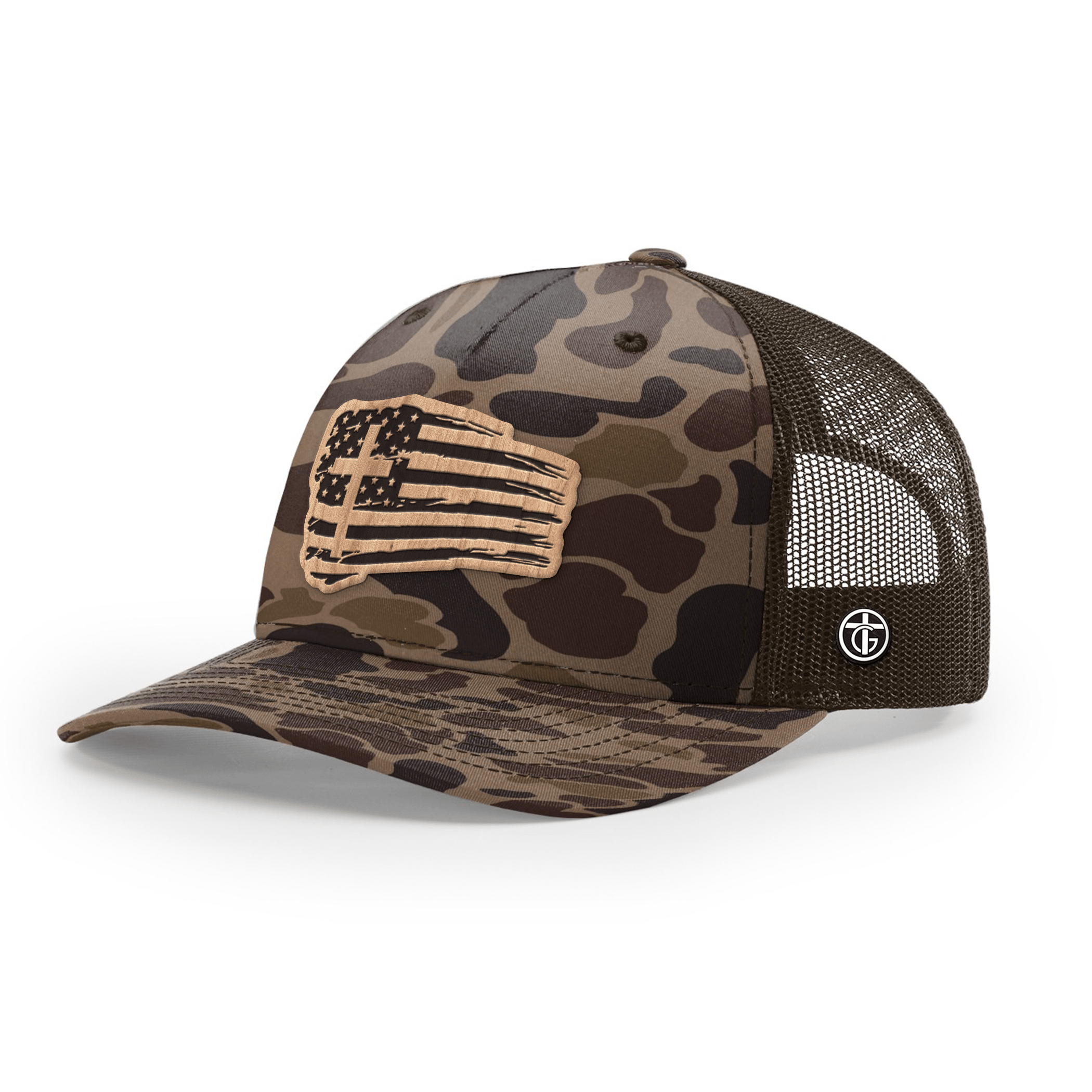 OurTrueGod Customs Hat Snapback / Bark Duck Camo and Brown / One Size Tattered Flag Wood Patch Camo Hats