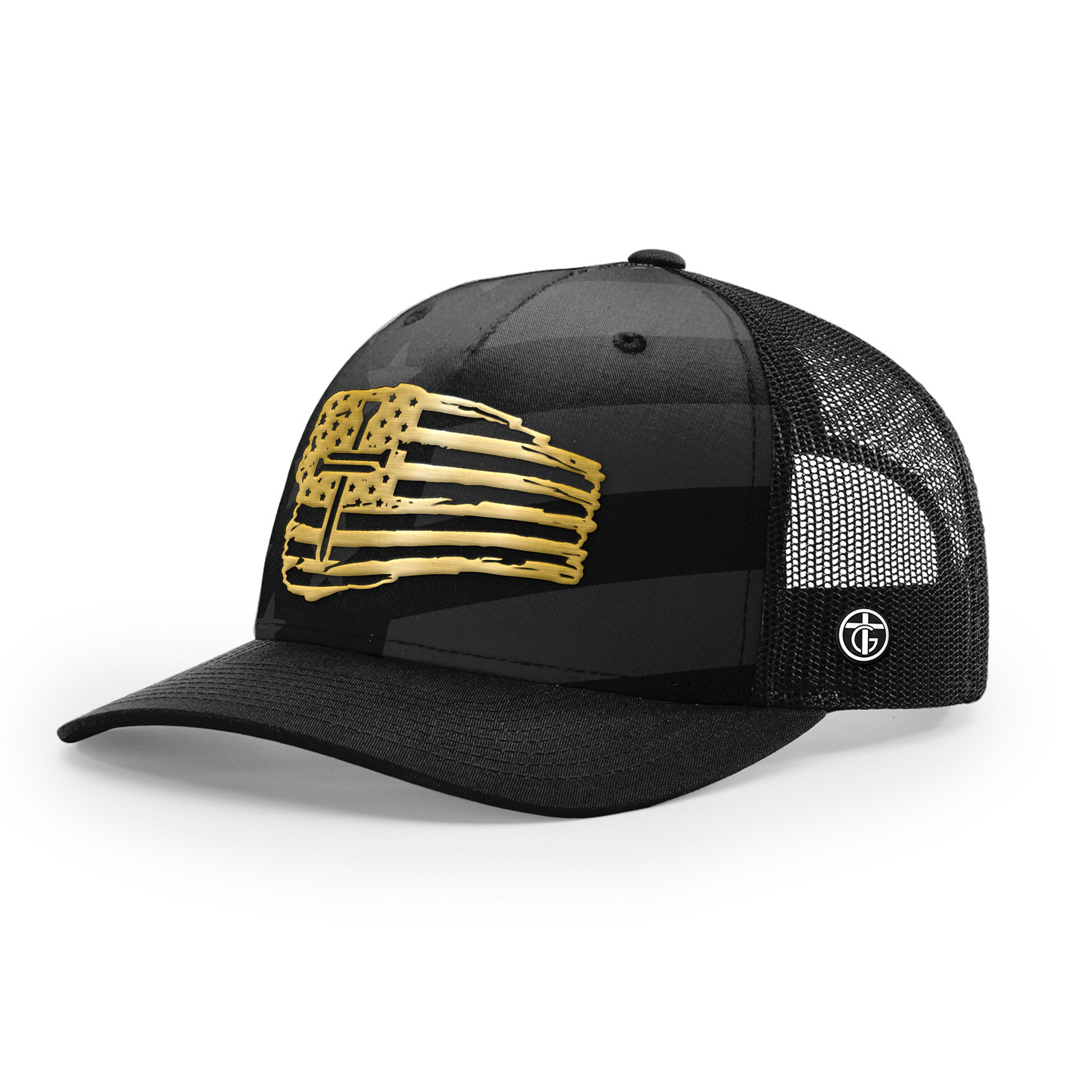 OurTrueGod Customs Hat Snapback / Black and Tonal Stars and Stripes / One Size Tattered Flag Cross Gold Metal Patch Camo Hats
