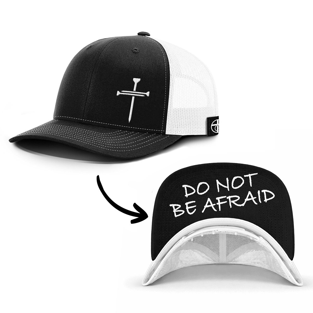 OurTrueGod Customs Hat Snapback / Black and White / One Size 3 Nail Cross - Do Not Be Afraid Prayer Print Hats