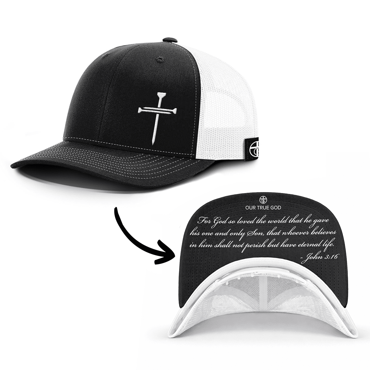 OurTrueGod Customs Hat Snapback / Black and White / One Size 3 Nail Cross - John 3:16 Prayer Print Hats