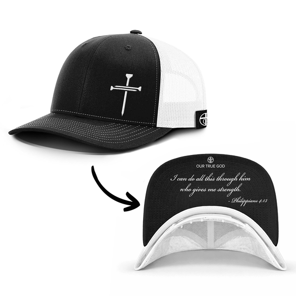 3 Nail Cross - Philippians 4:13 Prayer Print Hat, Snapback in Black and White