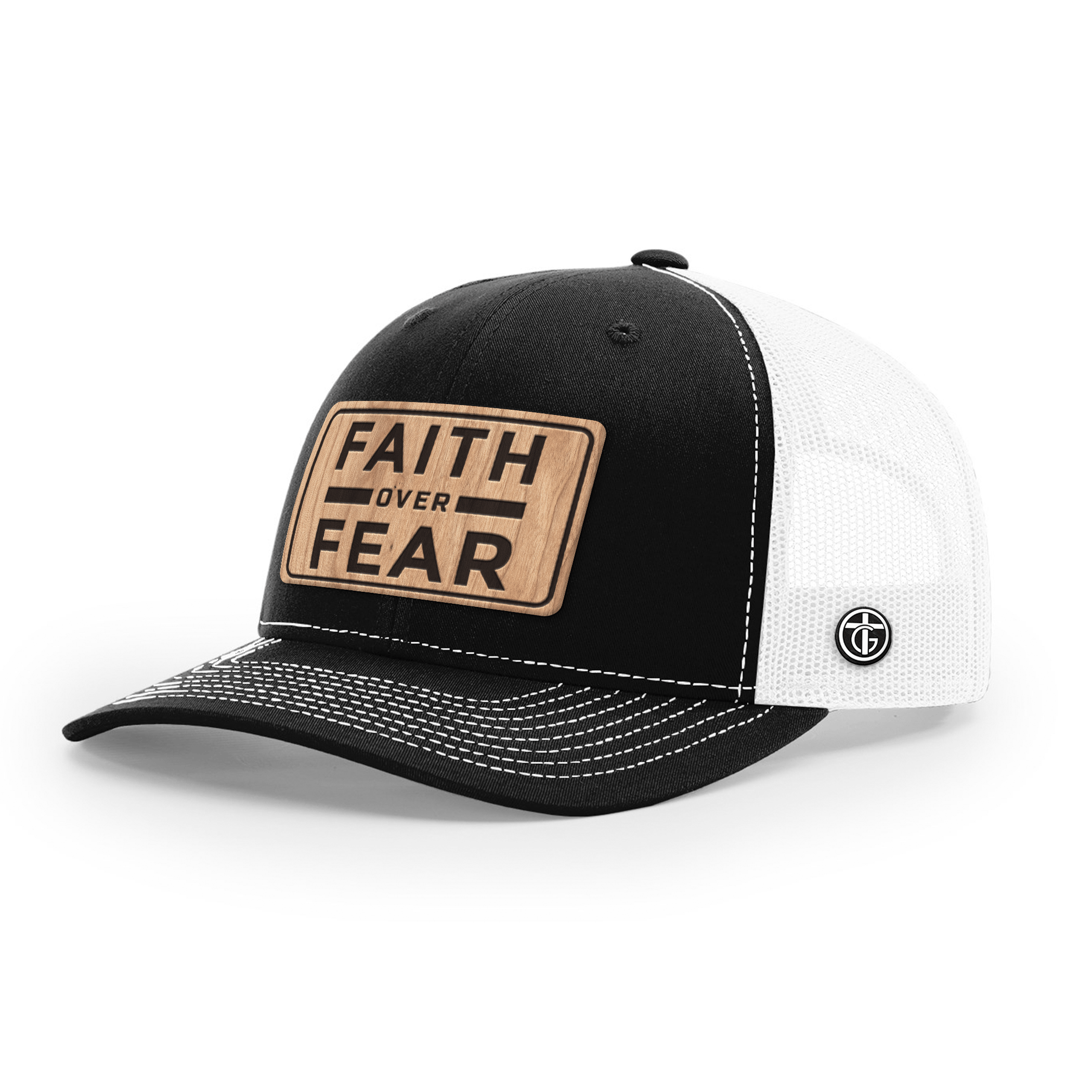 OurTrueGod Customs Hat Snapback / Black and White / One Size Faith Over Fear Wood Patch Hats