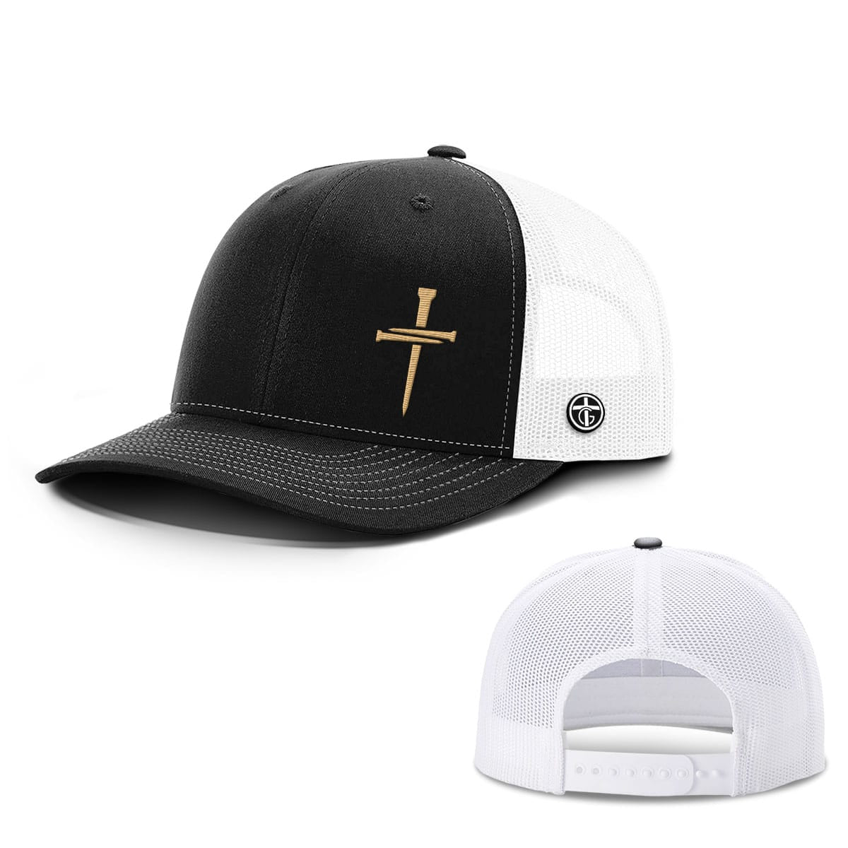 OurTrueGod Customs Hat Snapback / Black and White / One Size Nail Cross Gold Hats