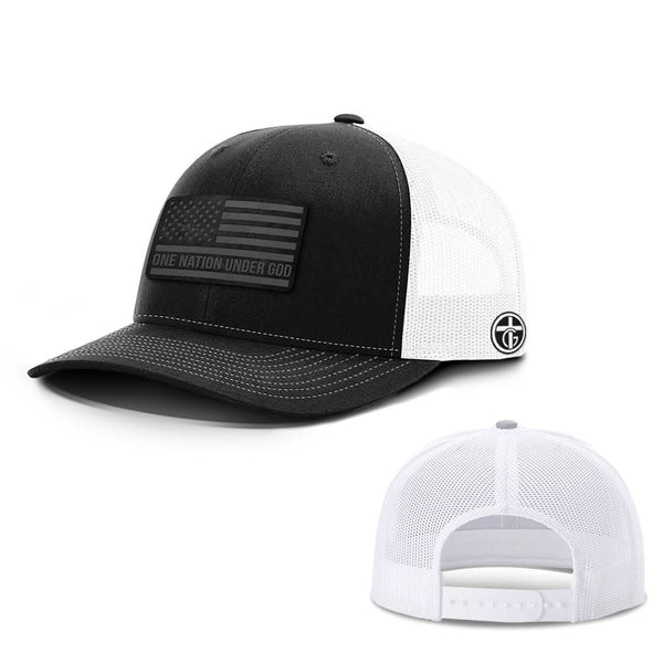One Nation Under God Lettered Flag Blackout Patch Hat, Snapback in Black and White