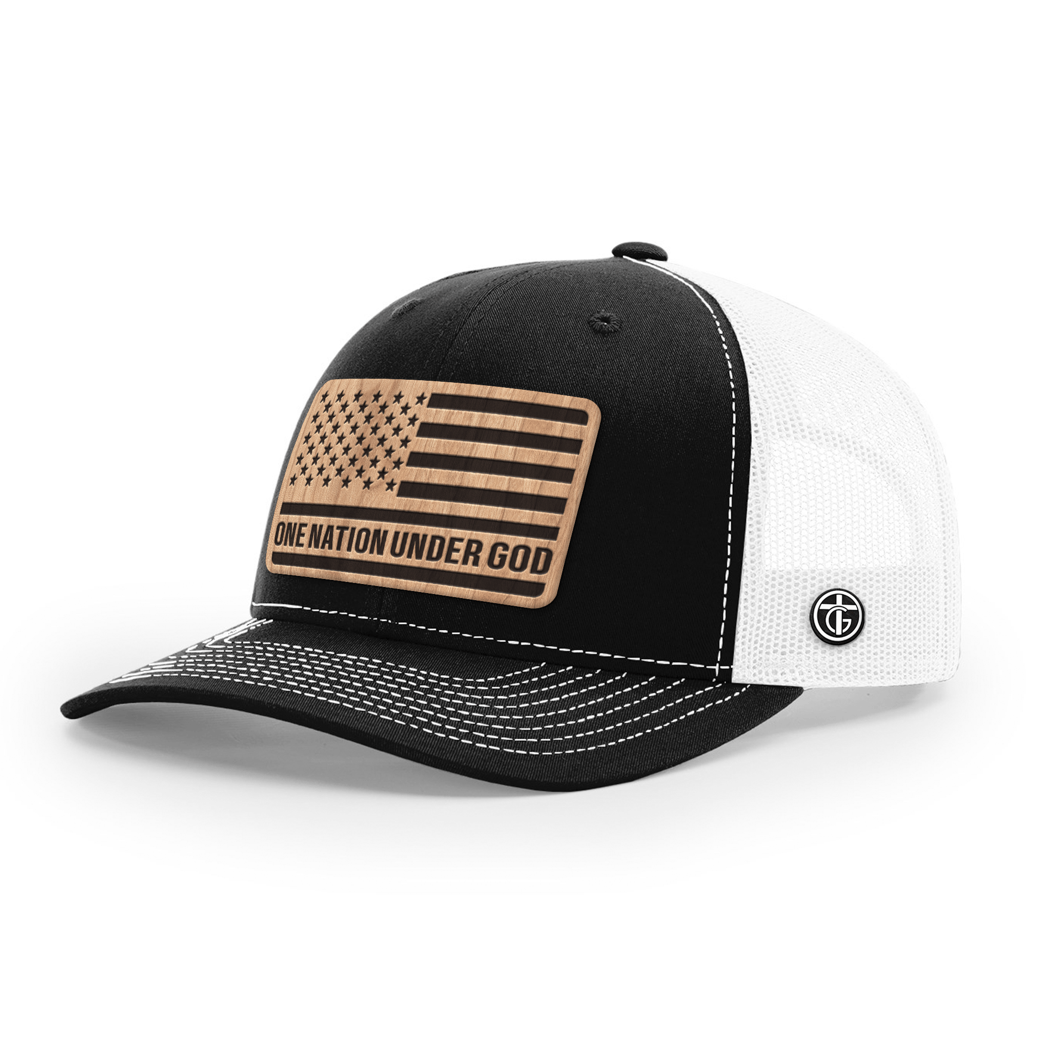 OurTrueGod Customs Hat Snapback / Black and White / One Size One Nation Under God Wood Patch Hats